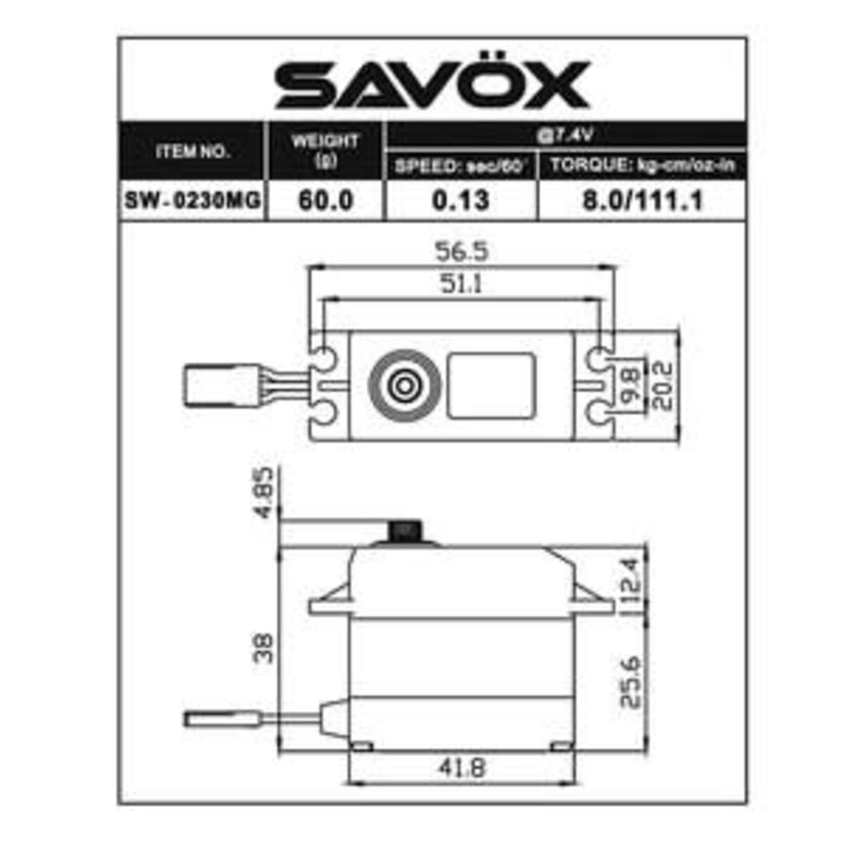 Savox Waterproof Standard Digital Servo w/Soft Start, 0.13sec / 111.1oz @ 7.4V