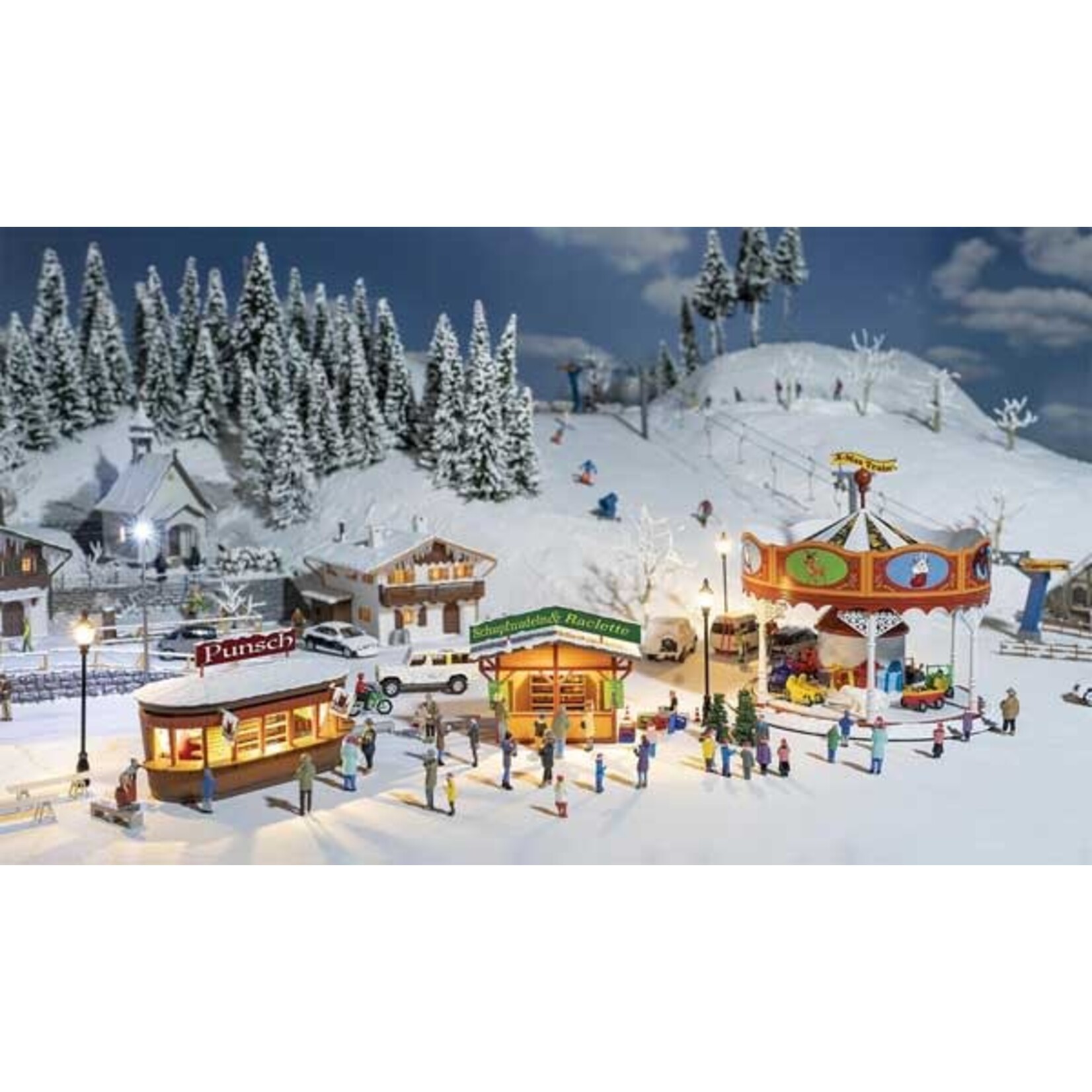 HO Christmas Market Set -- kit Includes 2 Stalls, Carousel, Icicles, Snow Powder