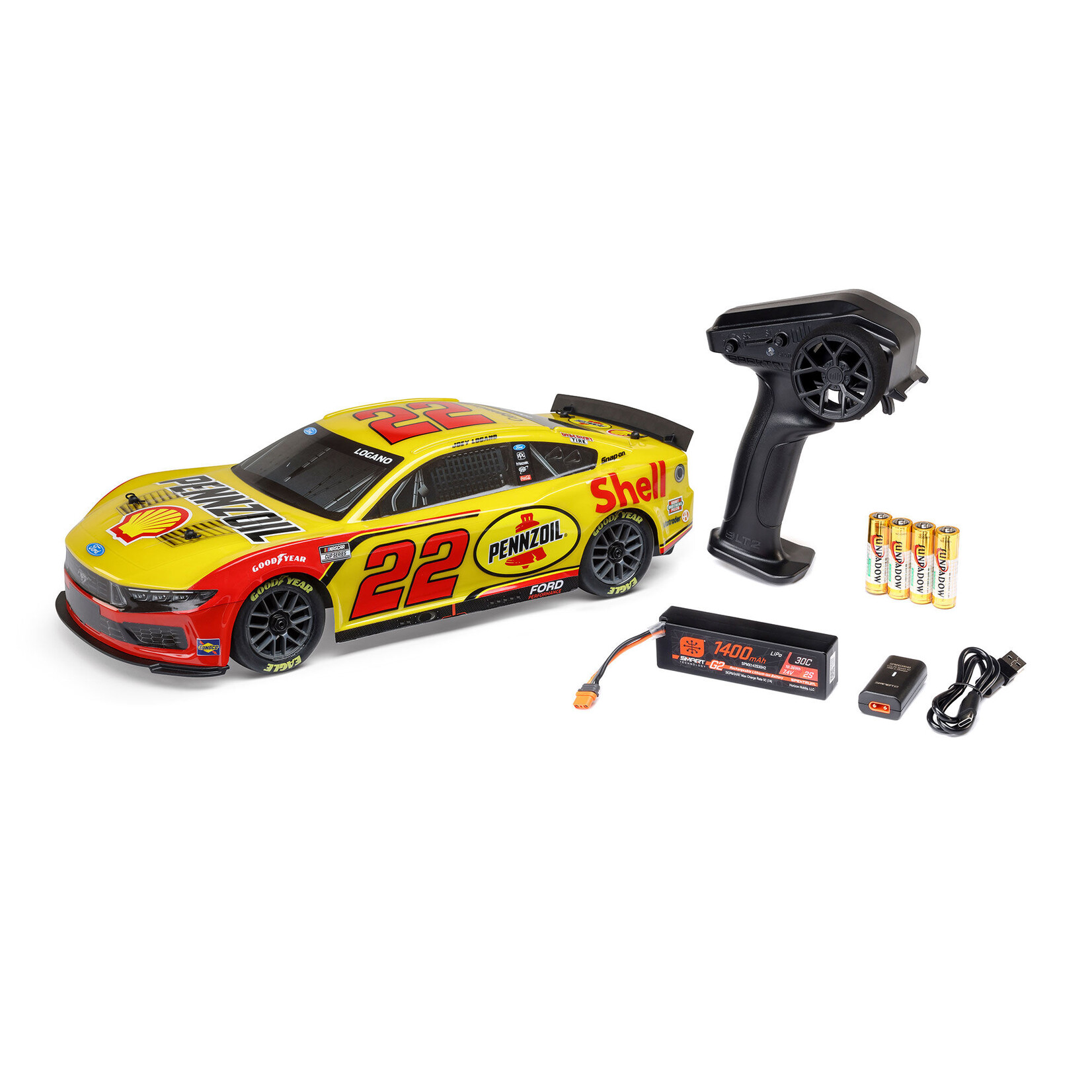 Losi 1/12 NASCAR RC Racecar Joey Logano No. 22 Shell 2025 Ford Mustang 2S AWD RTR Brushed On-Road (Battery & Charger Included)