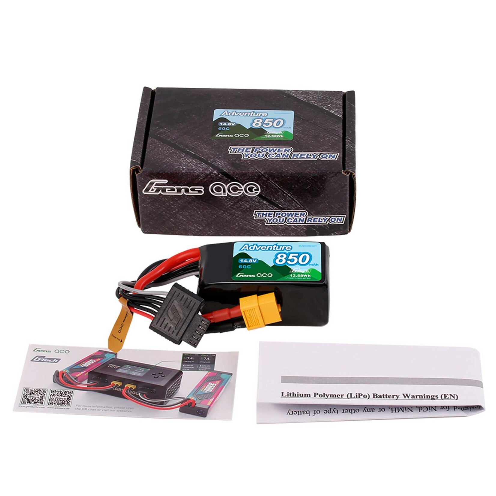 Gens Ace 14.8V 850mAh 4S 60C G-Tech LiPo Battery: XT60