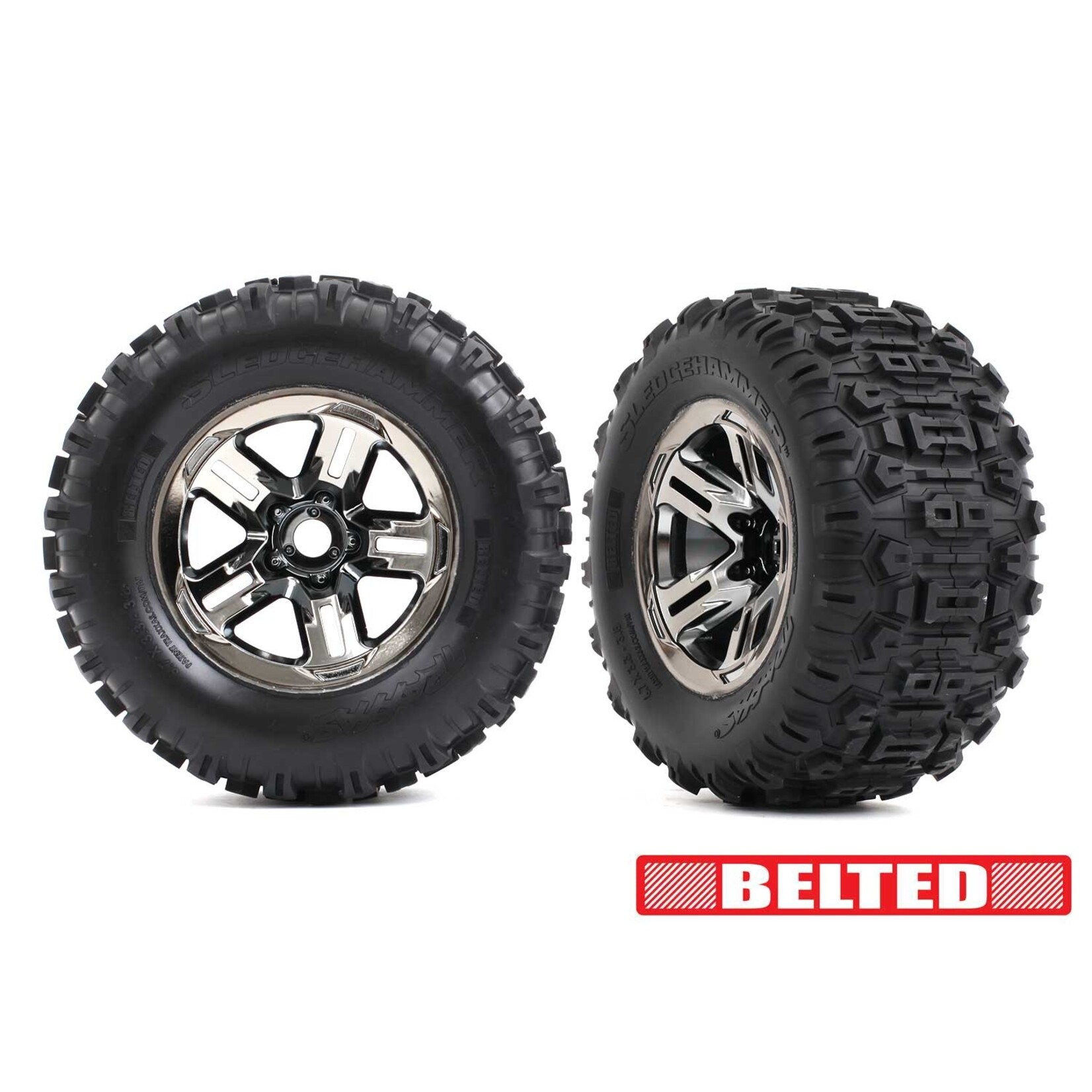 Traxxas 3.8" Blk Chrome Wheels & Belted Sledgehammer Tires (2)