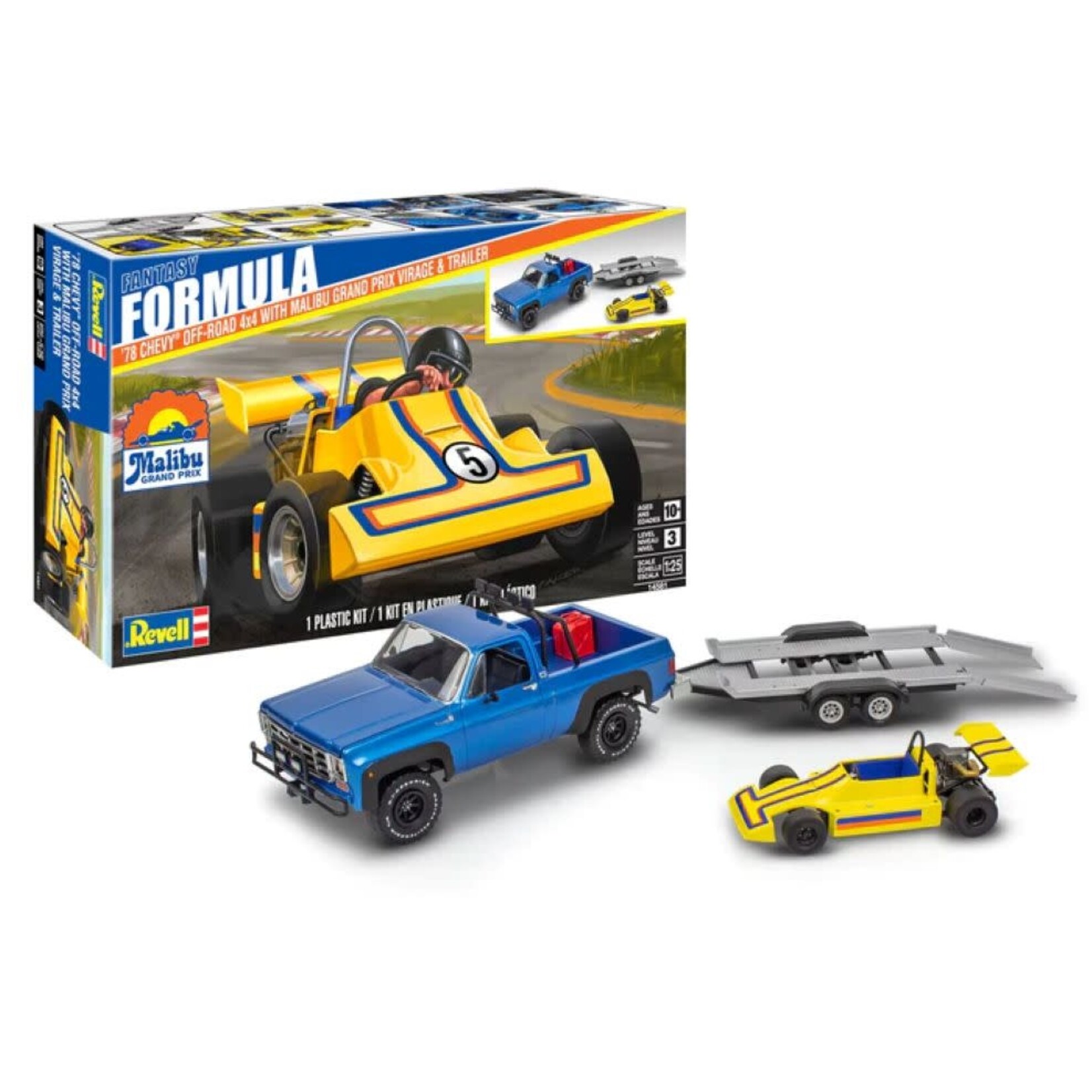 Revell 1/25 1978 Chevy Off-Road 4x4 Pickup Truck w/Malibu Grand Prix Virage Race Car & Trailer