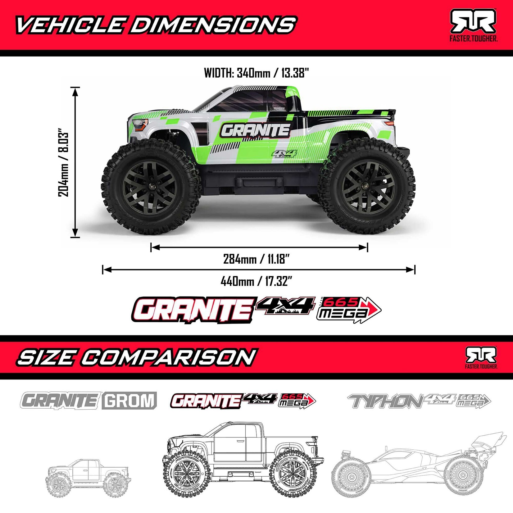 Arrma 1/10 GRANITE 4X4 RTR Brushed Monster Truck, Green