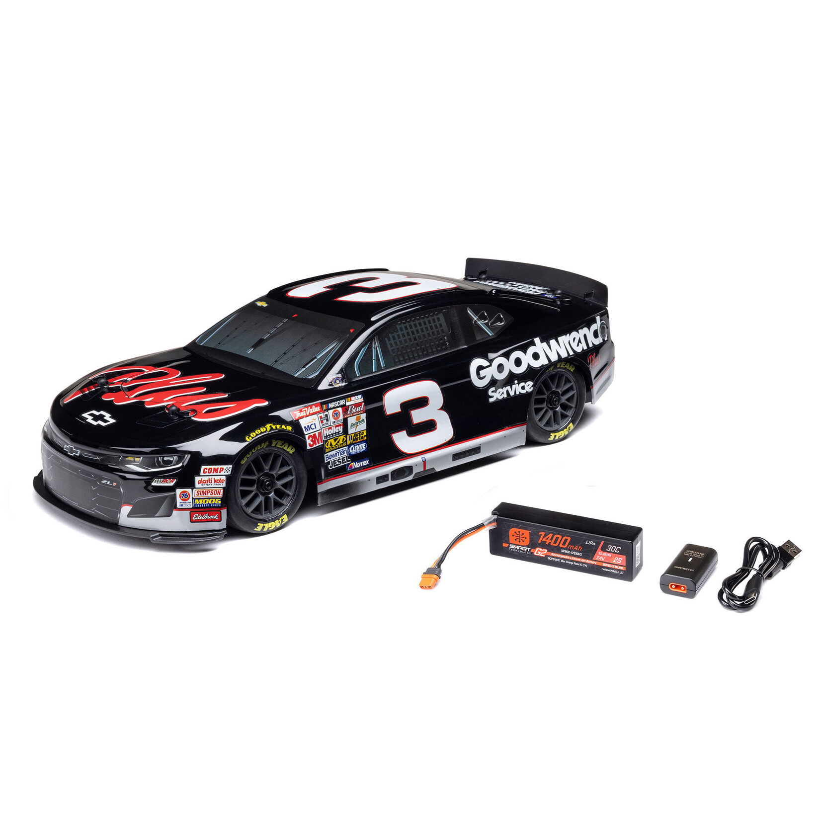Losi 1/12 NASCAR RC Racecar RCR No. 3 GM Goodwrench Chevrolet ZL1 2S AWD RTR Brushed On-Road (Battery & Charger Included), Black