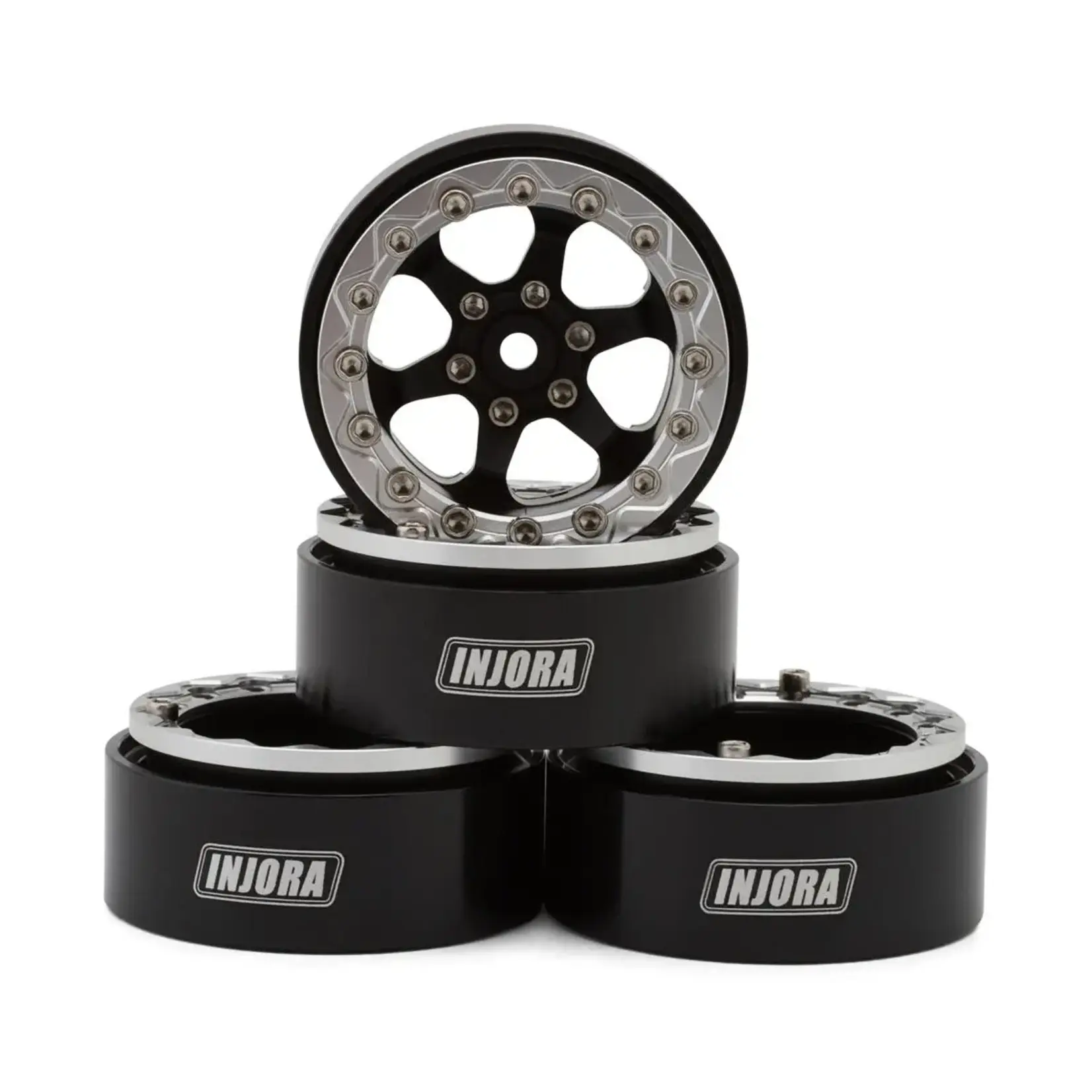Injora 1.3" 6-Slot Aluminum Micro Crawler Beadlock Wheels (23g ea) (Black/Chrome) (4)