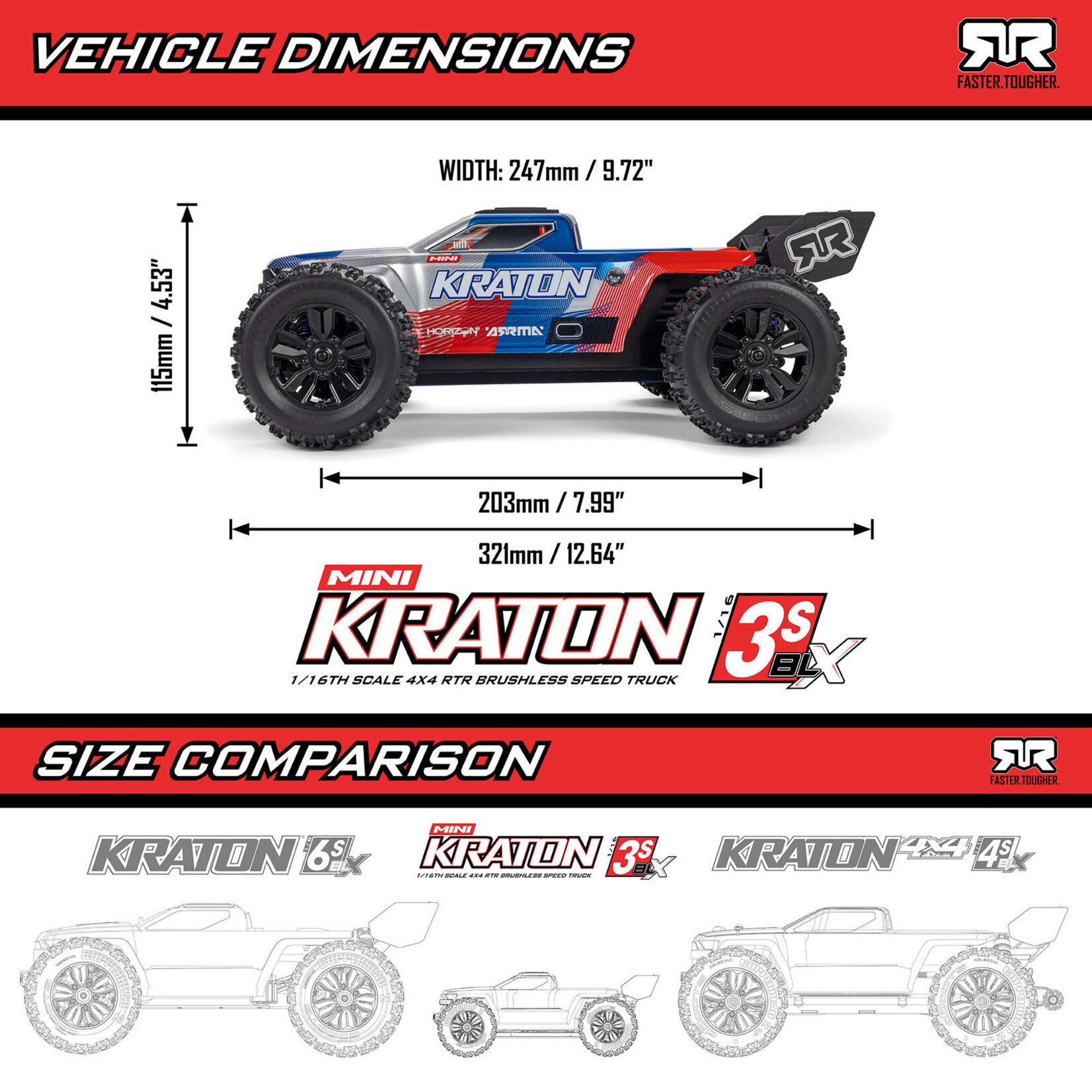 Arrma 1/16 MINI KRATON 3S DSC 4X4 RTR Brushless Speed Truck , Black/Red