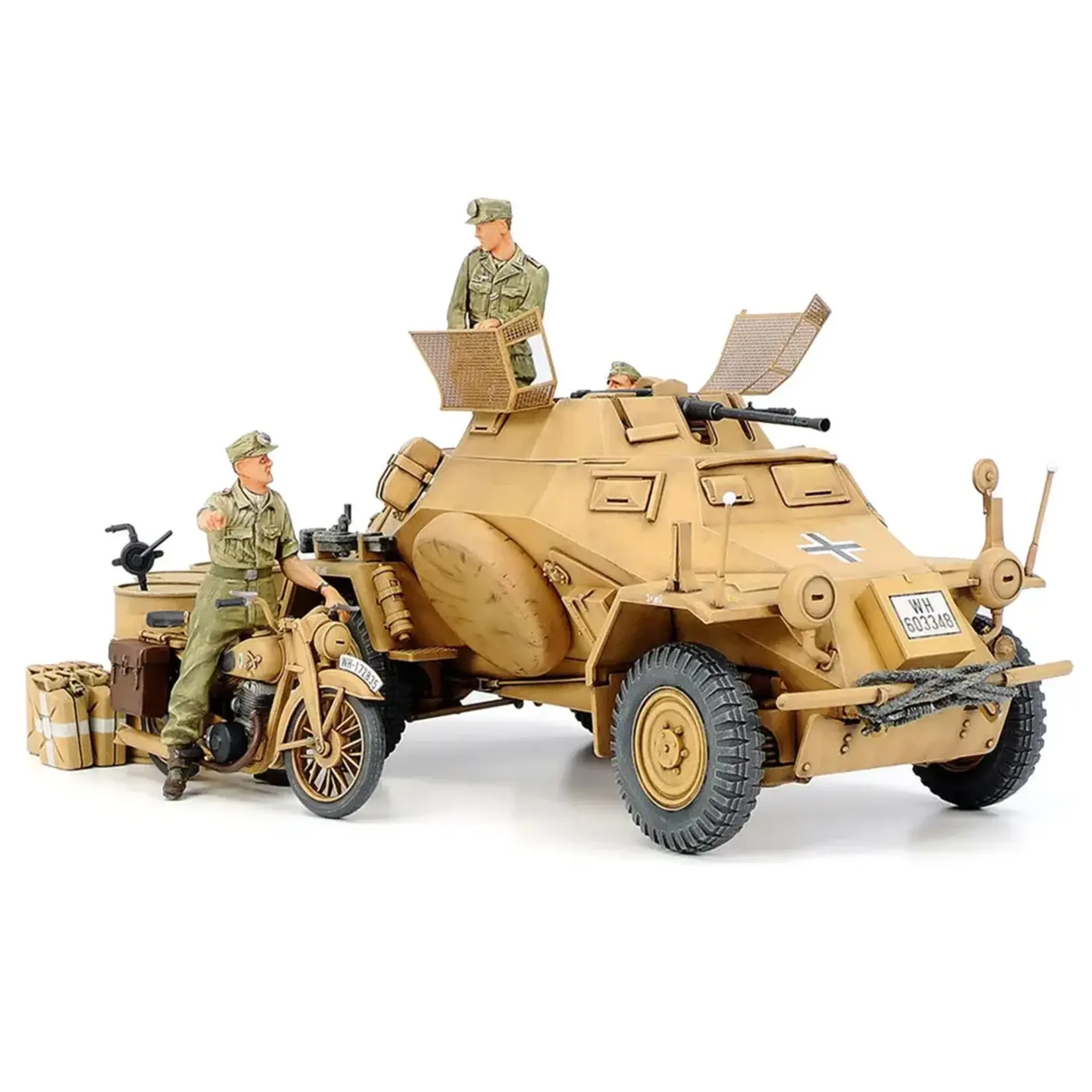 Tamiya 1/35 Sd.Kfz.222 North Africa Armored Vehicle Plastic Model Kit w/Motorcycle & Figures