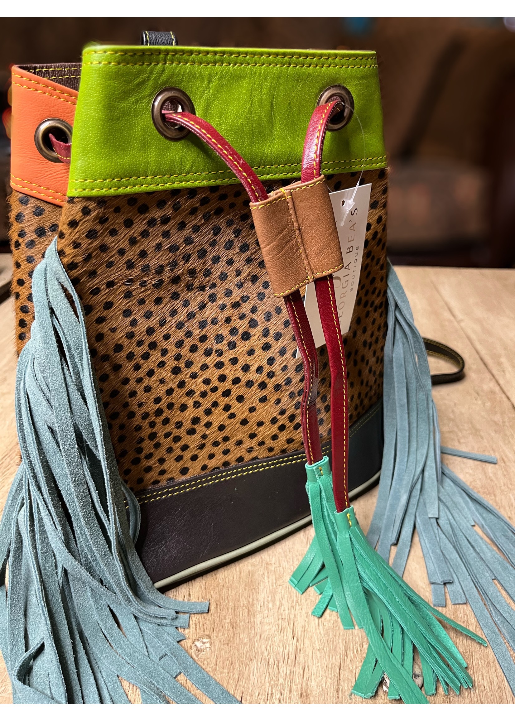 Upcycled Genuine Leather Bucket Style Bag Coral/Kelly Green