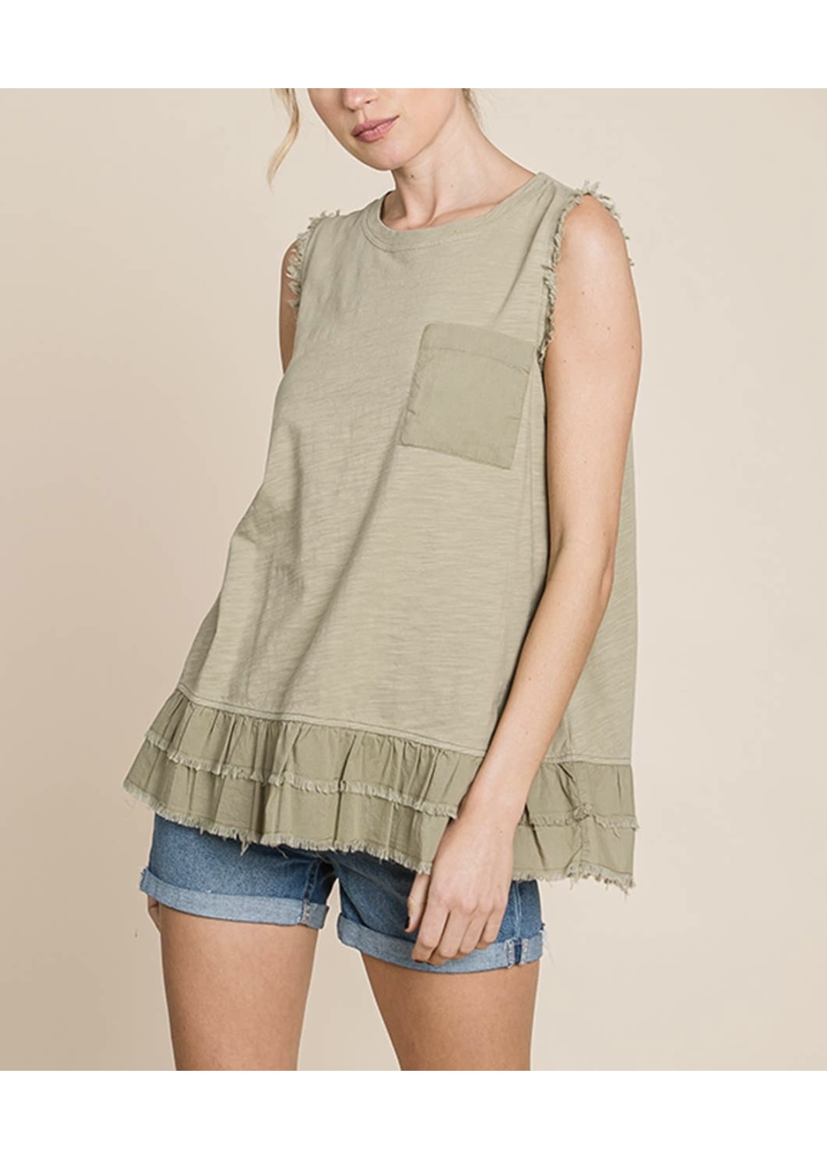 You've Got A friend Olive Washed Fray Detailed Ruffle Bottom Top