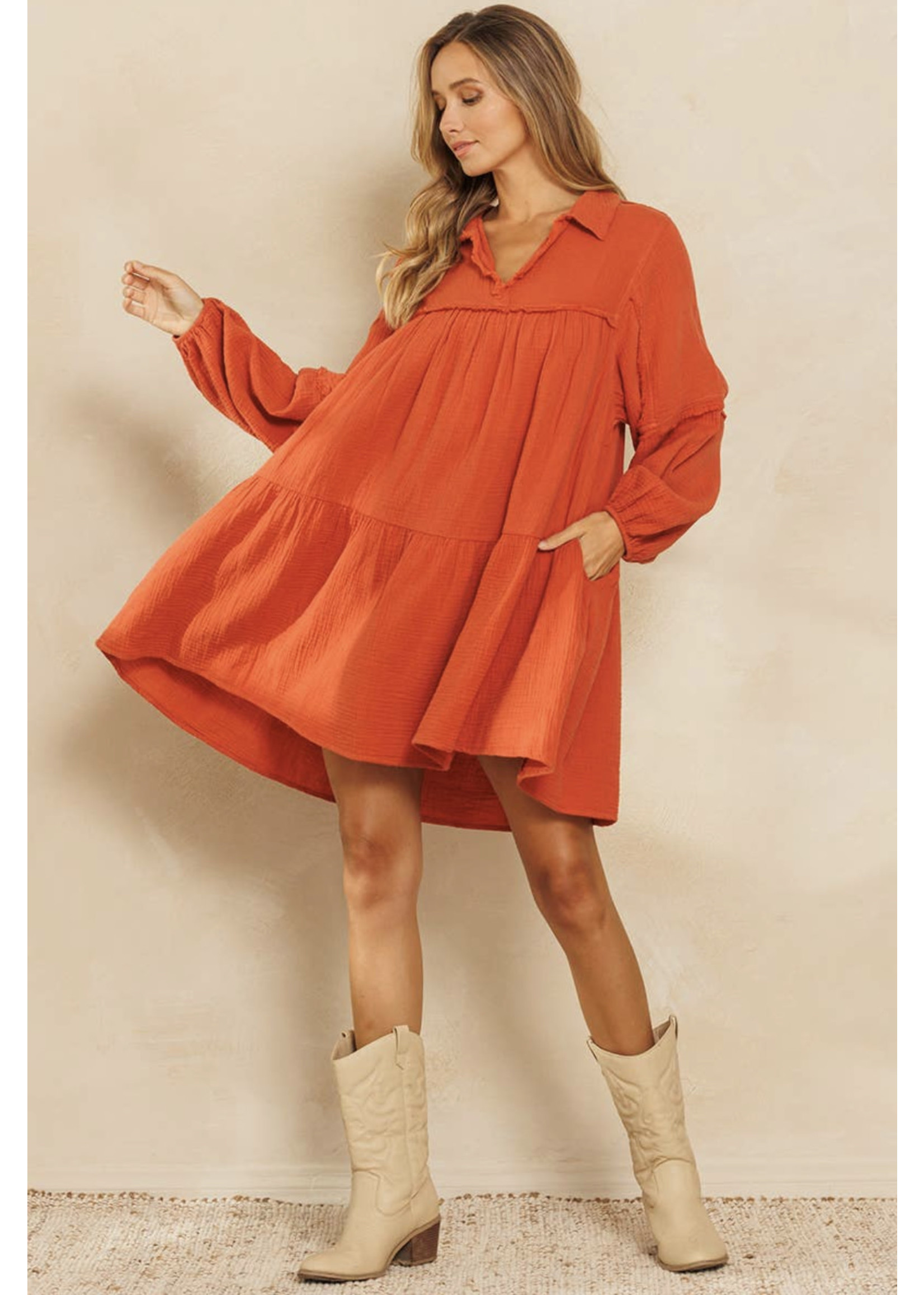 Relaxed Fit Cotton Gauze Dress - Rust