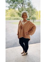 Oversized V-Neck Striped Sweater - Rust/Taupe
