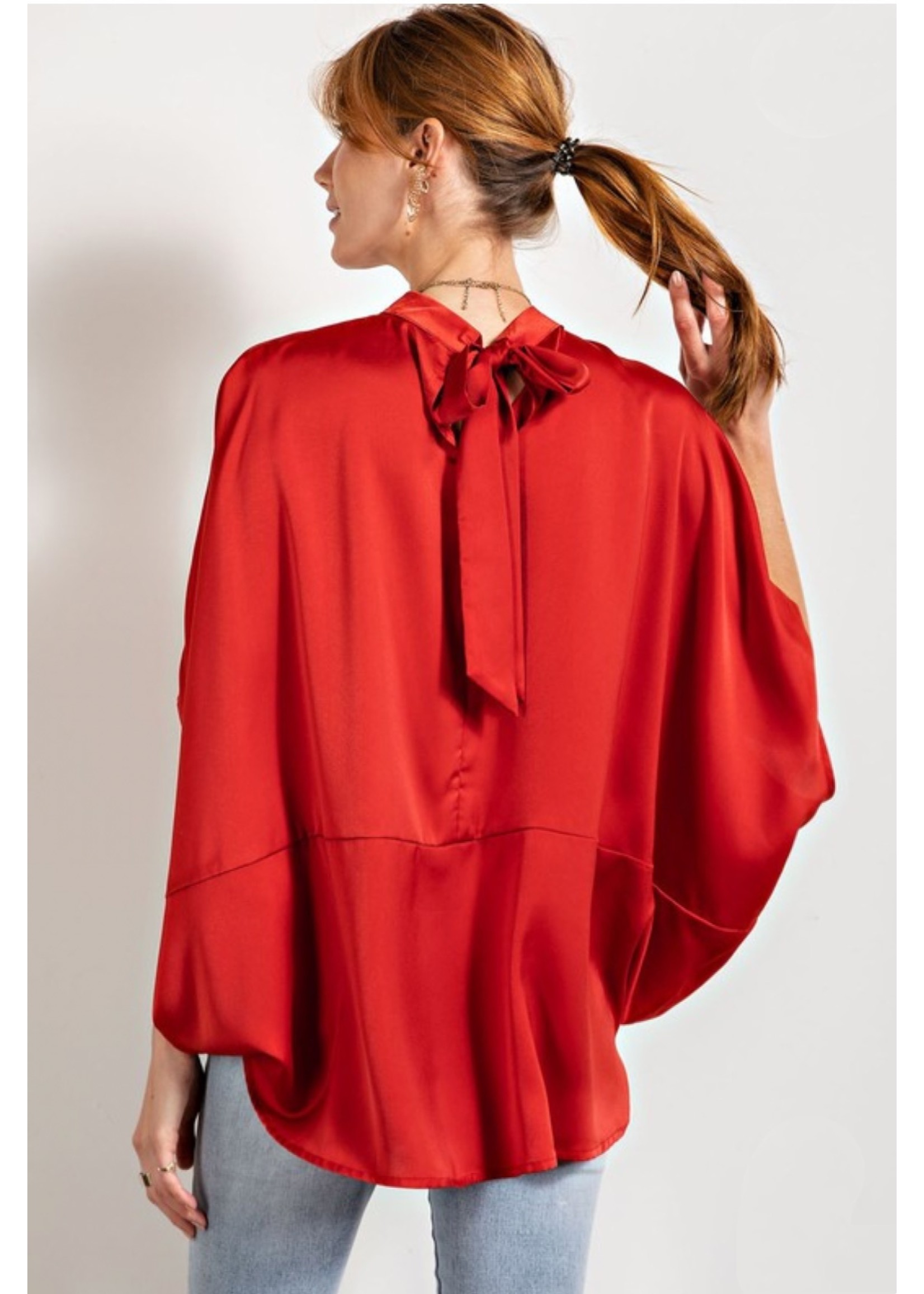 Silky Satin Loose Sleeve Blouse with Bow at Neckline-Red