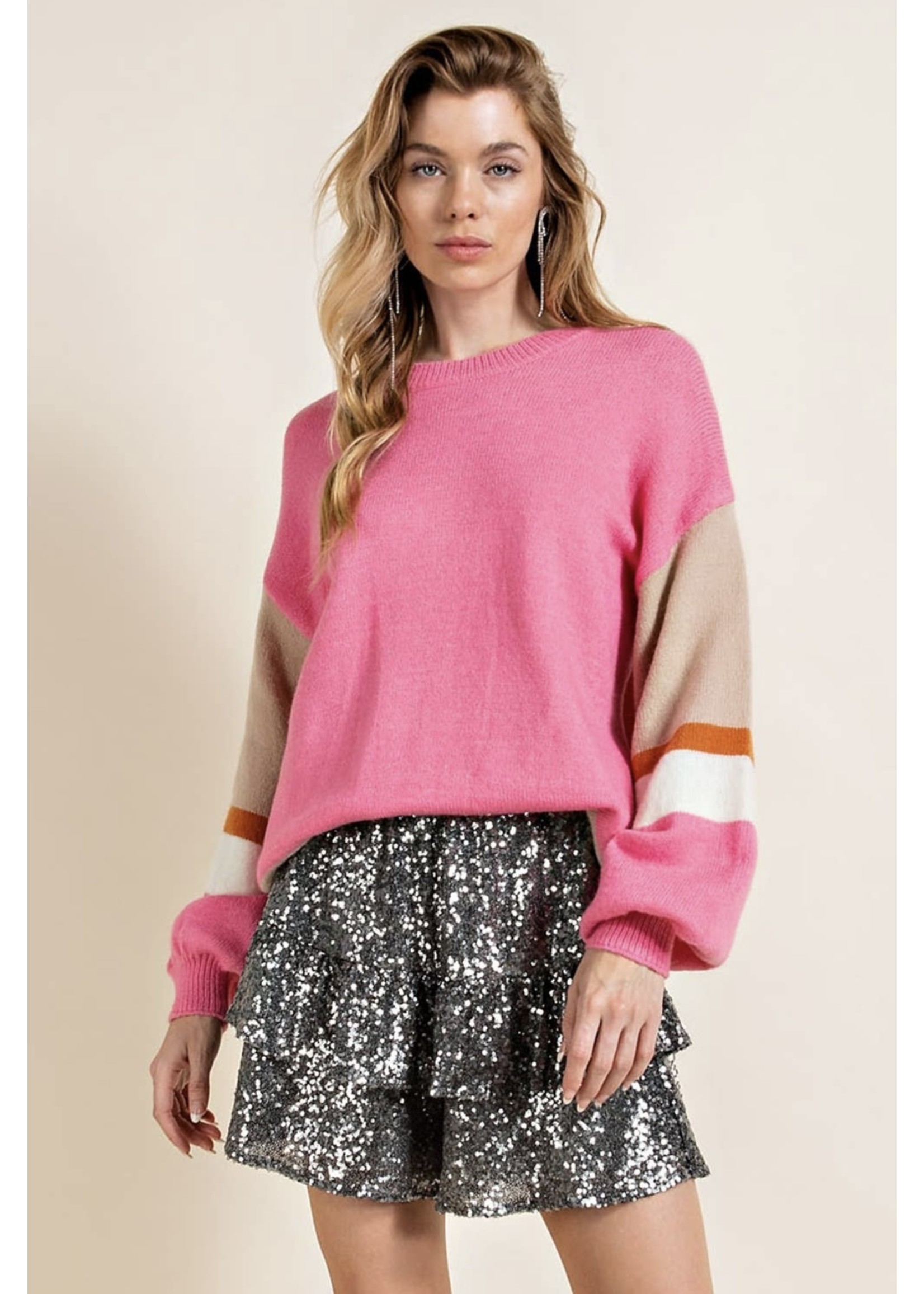 Pink/Taupe Color Block Balloon Sleeve Sweater