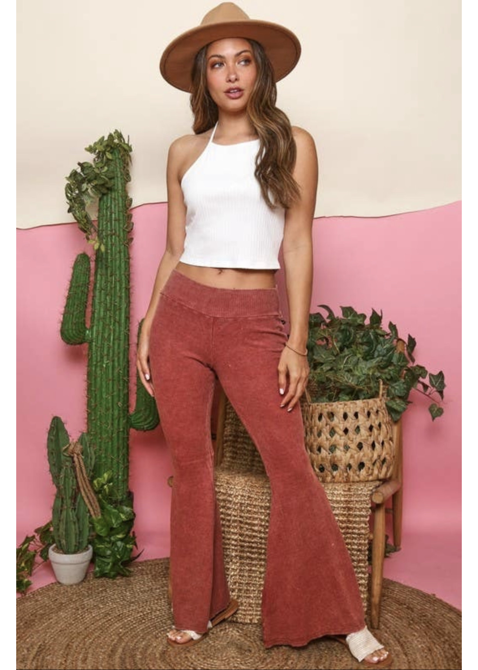 Light Red Acid -Washed Thermal Flare Pants