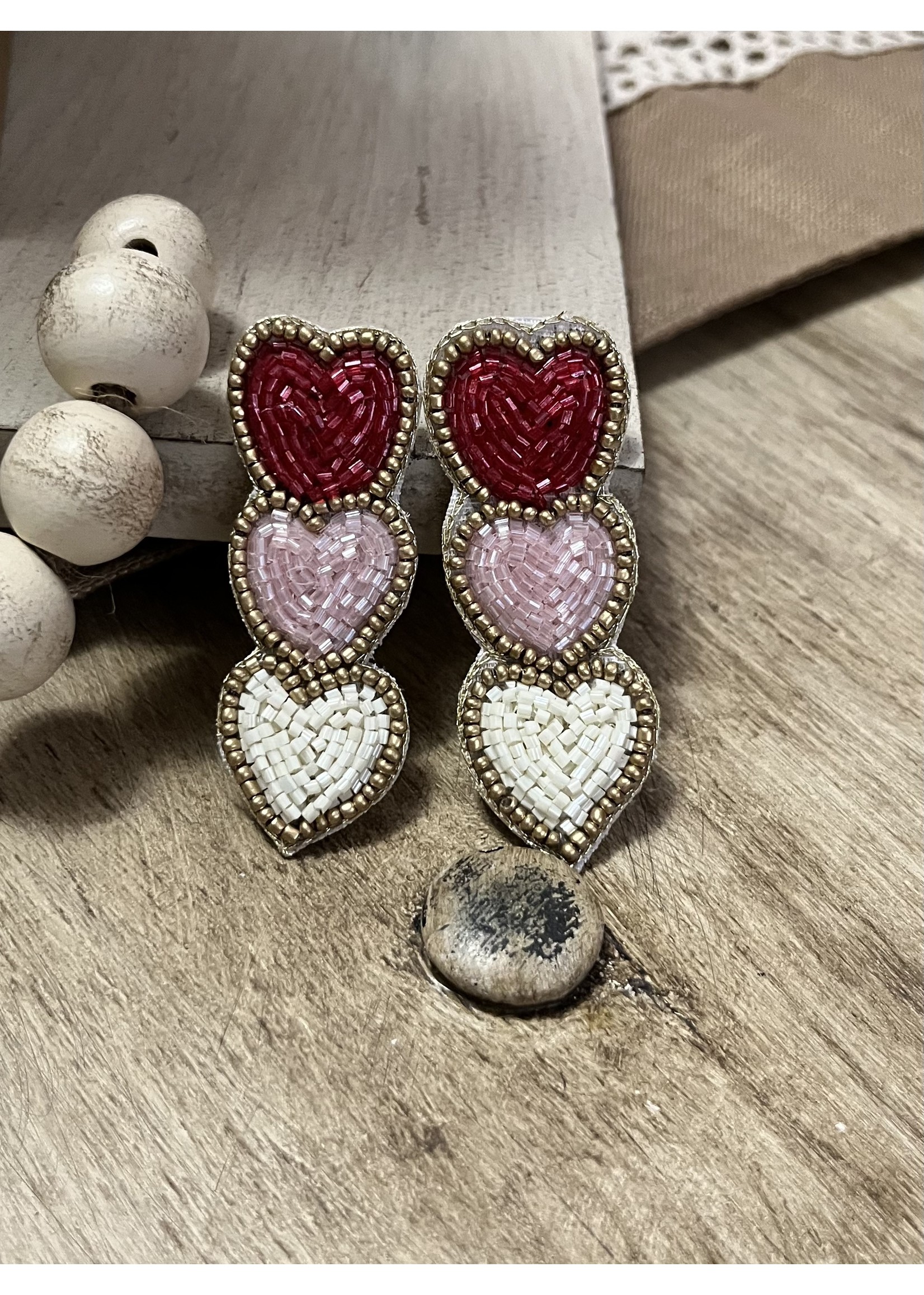 Triple Heart Bead Earring - Red/Pink/White