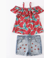 Honeydew Watermelon off Shoulder Set w/ Denim Shorts
