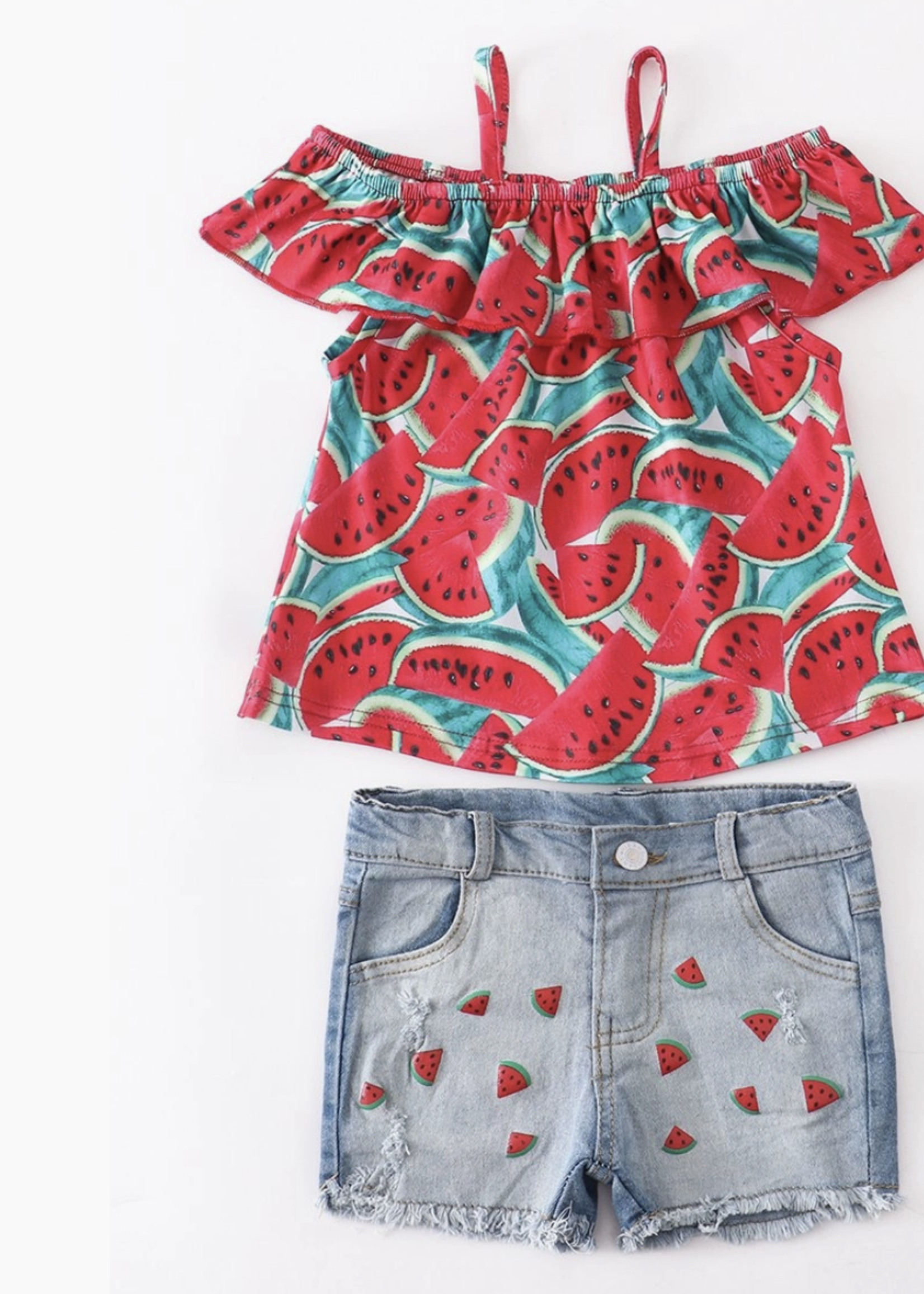 Honeydew Watermelon off Shoulder Set w/ Denim Shorts