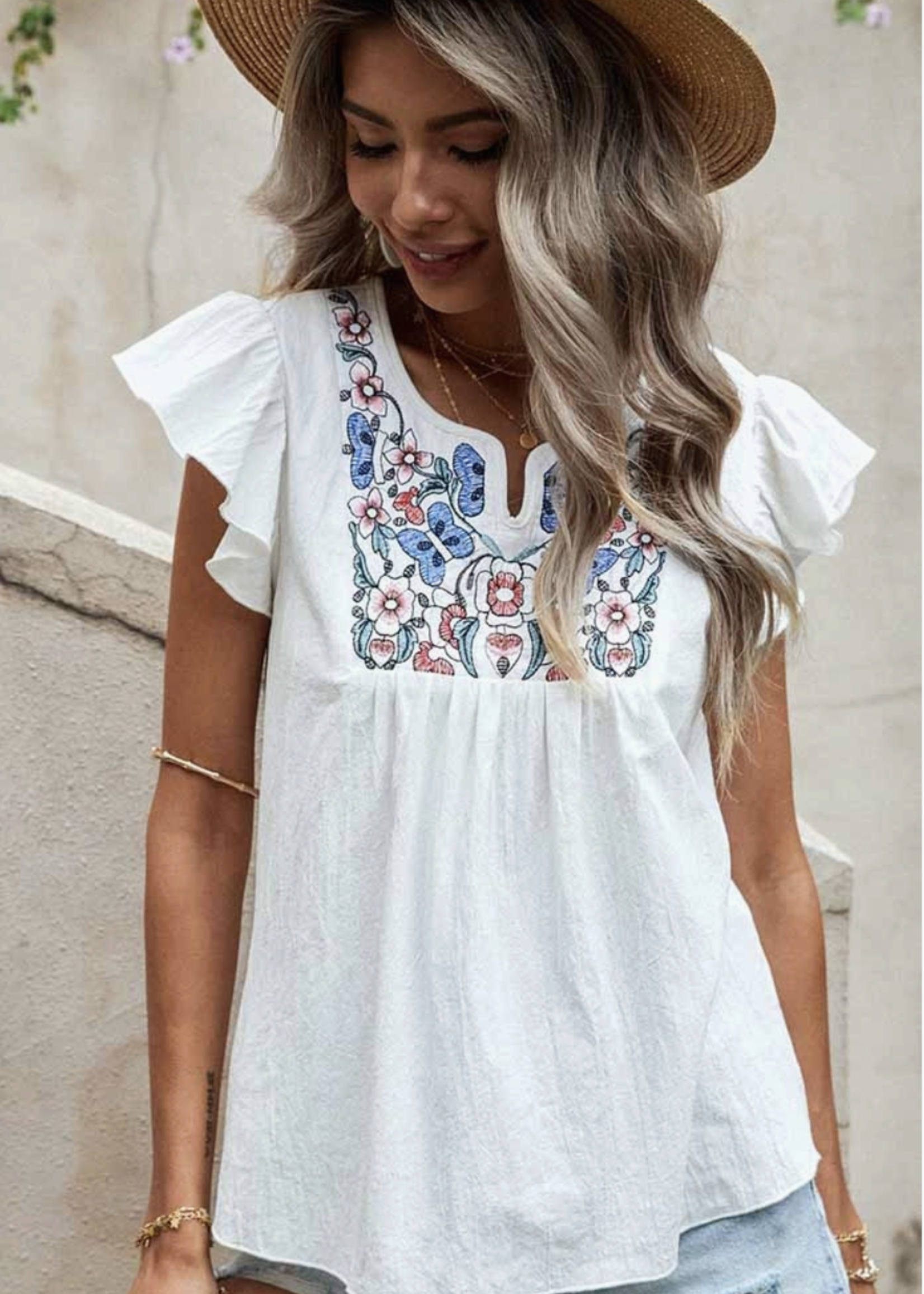 Esley White Embroidery Floral Flutter Sleeve