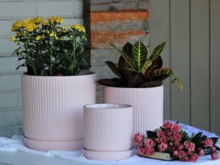 Fluted Cylinder Planter, Pastel Baby Pink