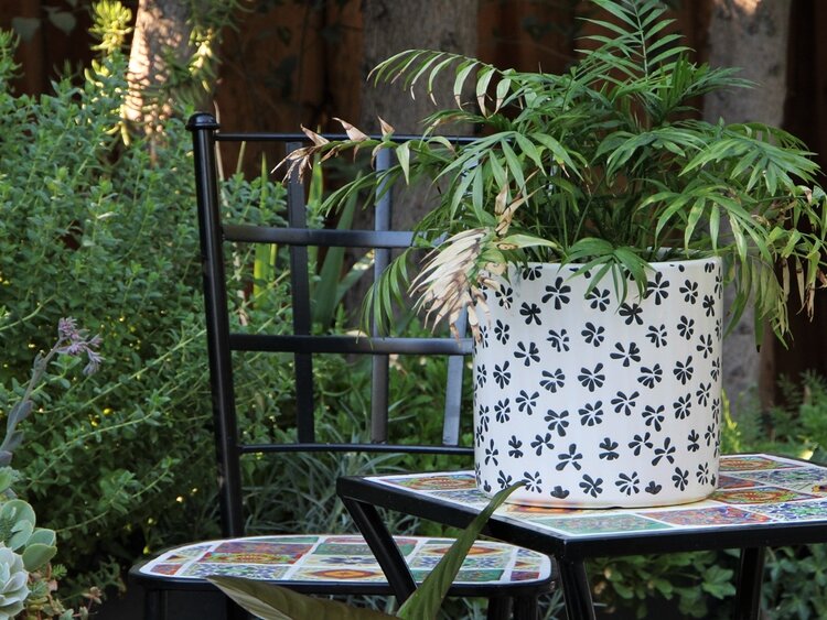 Cylinder Stamped Floral Planter, Black Pansy