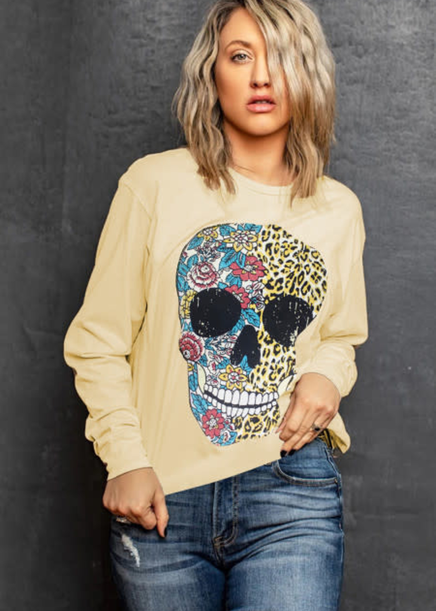 YELLOW LEOPARD SKULL FLORAL SWEATER