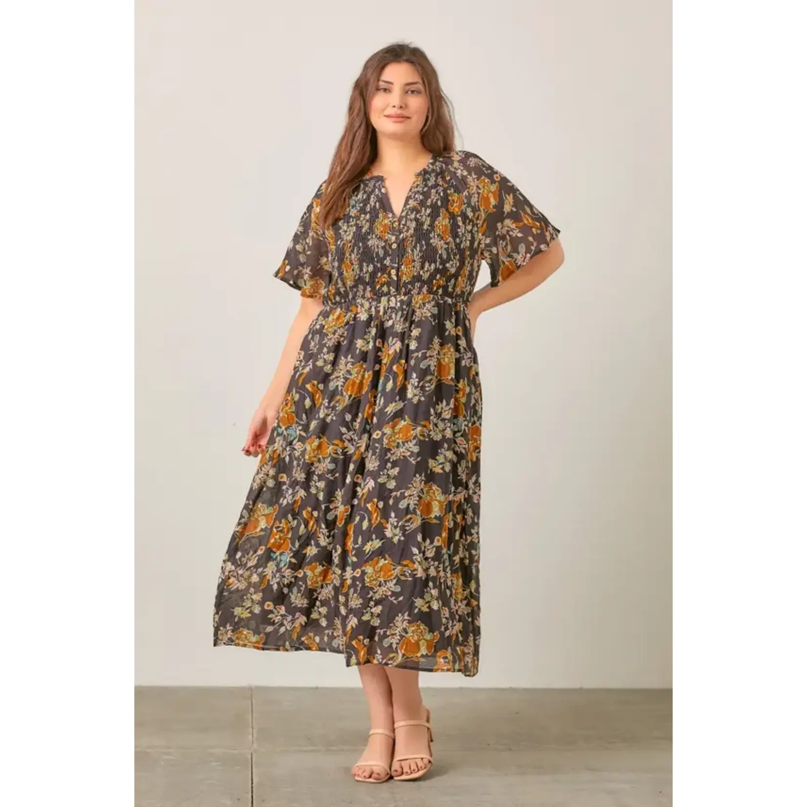 Polagram by Wellmade USA Black Floral Midi Dress