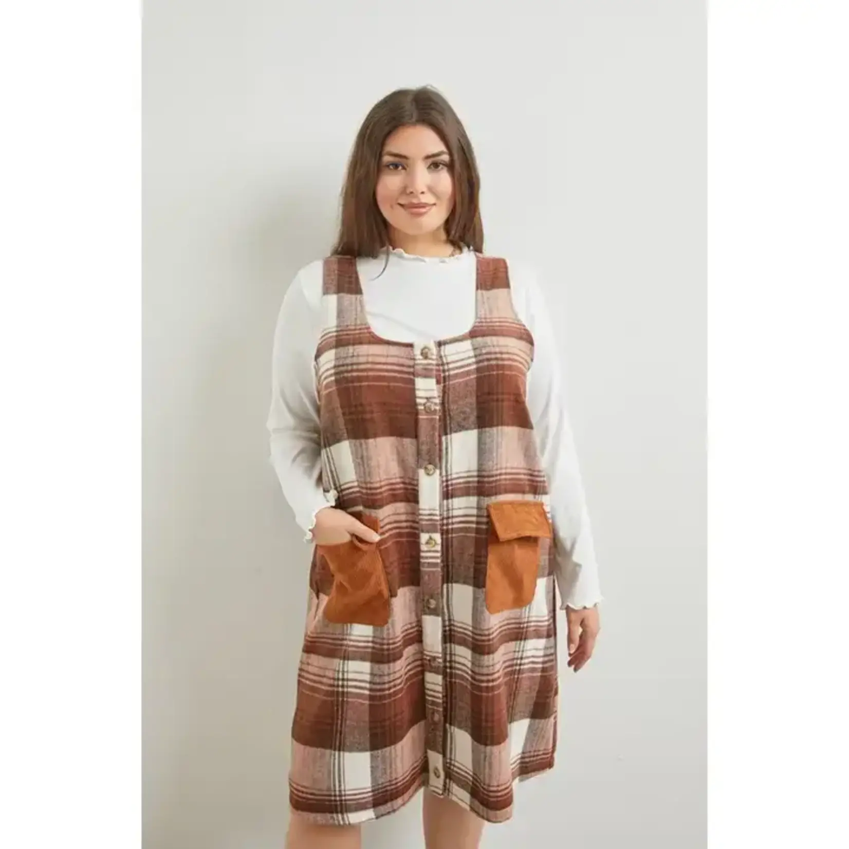 Polagram by Wellmade USA Brown Plaid Flannel Jumper Dress