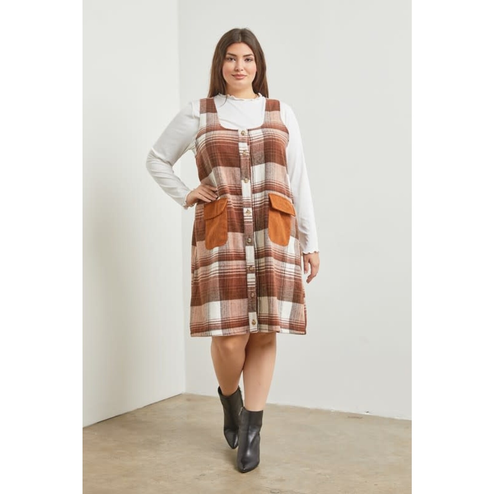 Polagram by Wellmade USA Brown Plaid Flannel Jumper Dress
