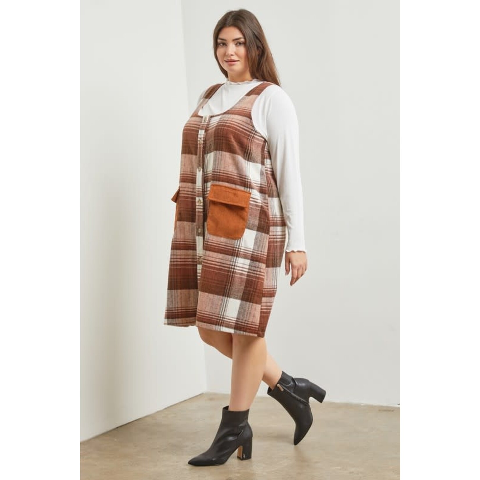 Polagram by Wellmade USA Brown Plaid Flannel Jumper Dress
