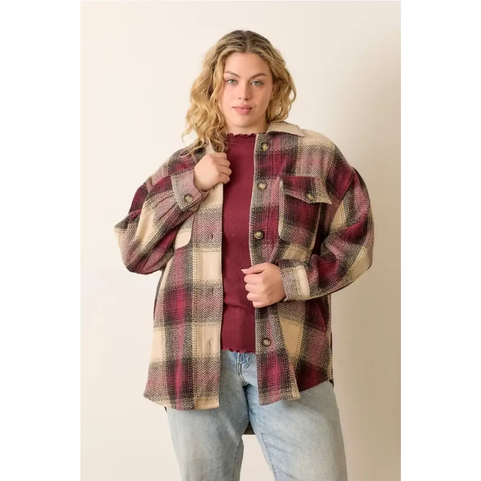 Polagram by Wellmade USA Burgundy Plaid Collared Shacket