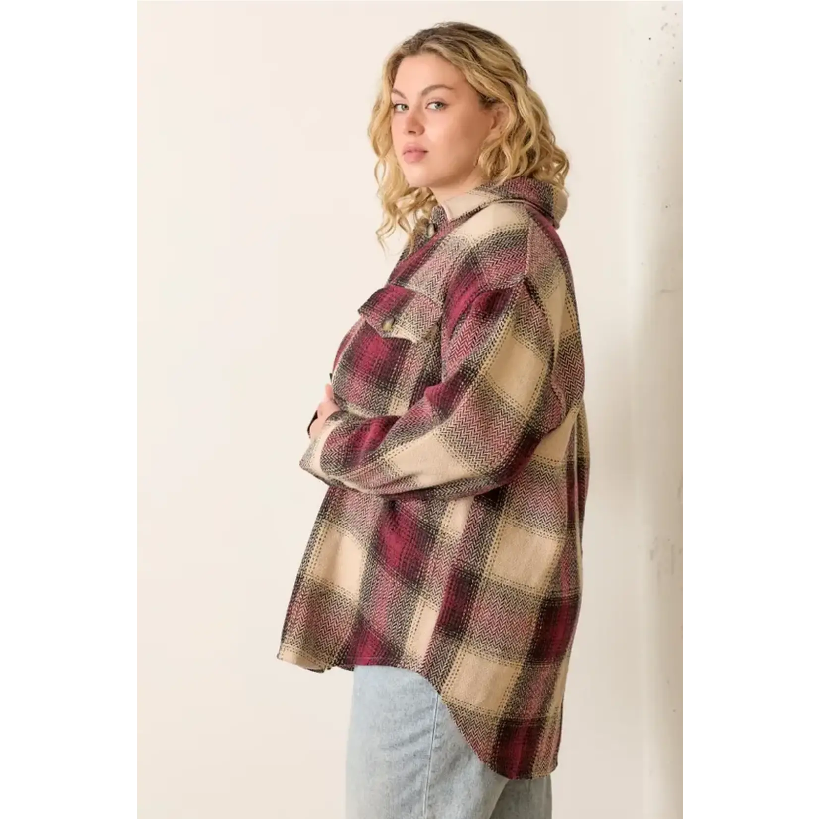 Polagram by Wellmade USA Burgundy Plaid Collared Shacket