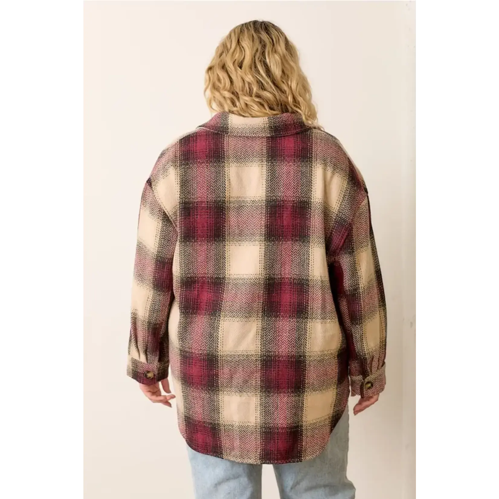 Polagram by Wellmade USA Burgundy Plaid Collared Shacket