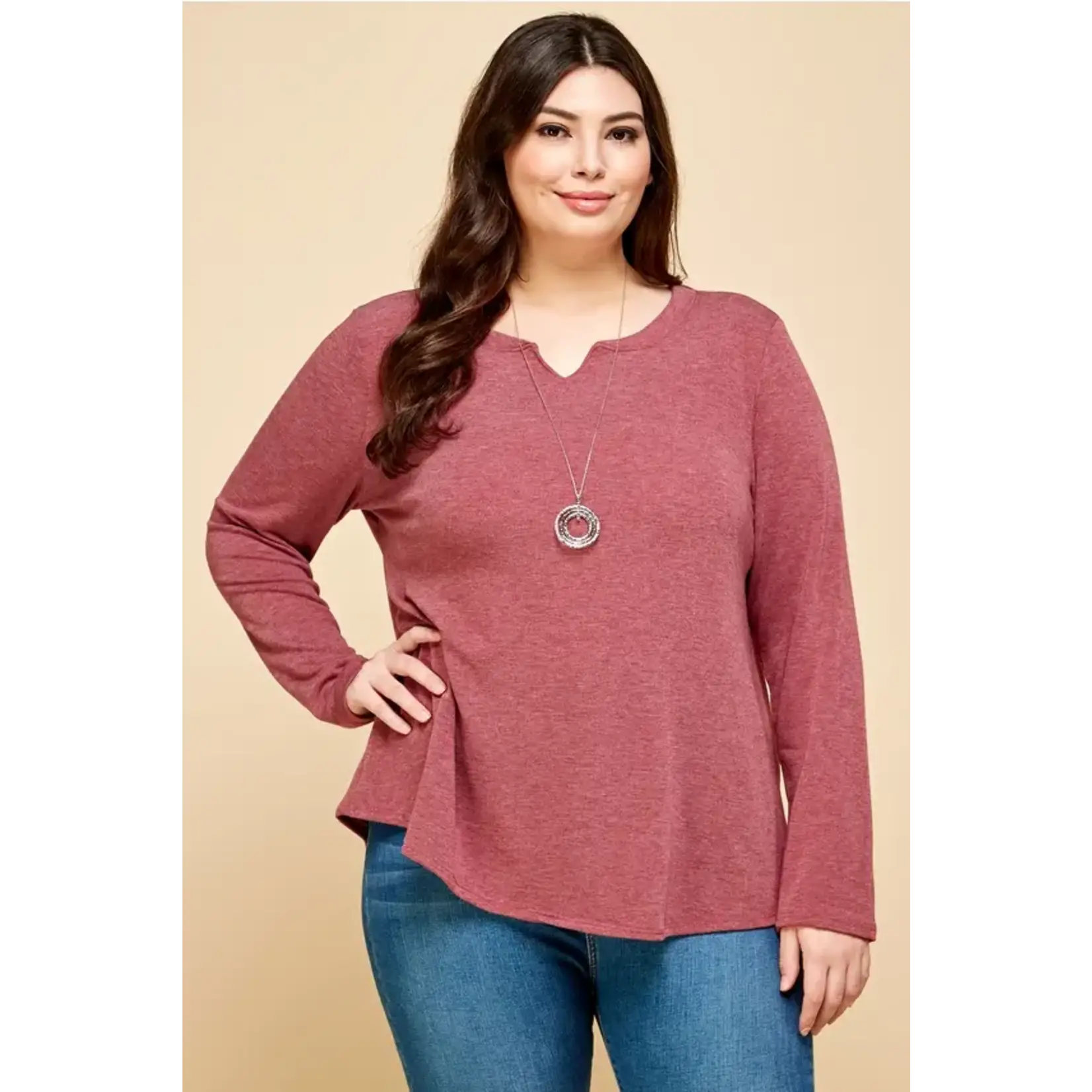 Emerald Collection Burgundy Notch Neck Long Sleeve