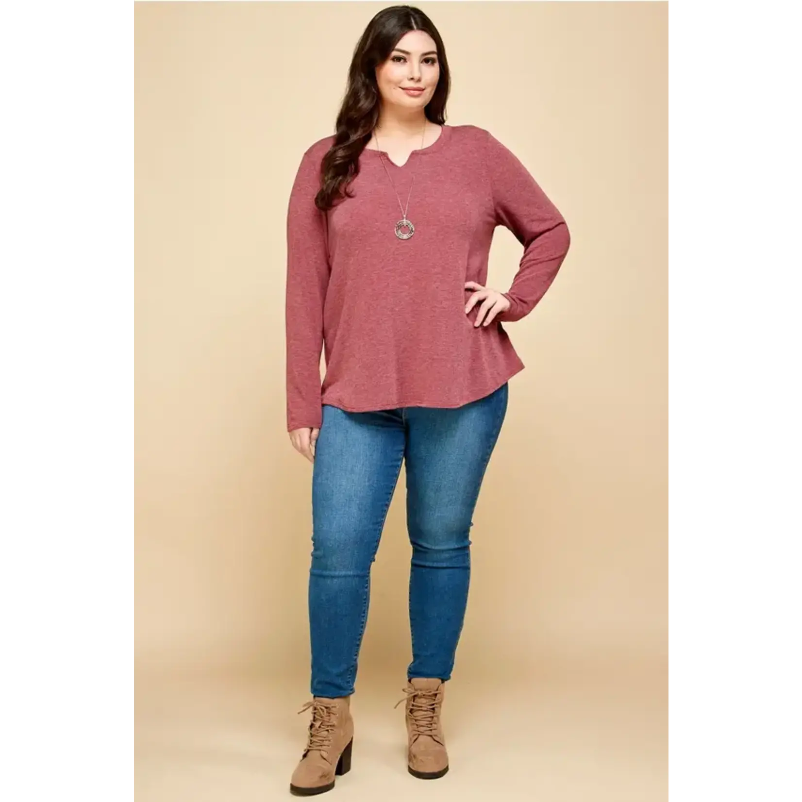 Emerald Collection Burgundy Notch Neck Long Sleeve