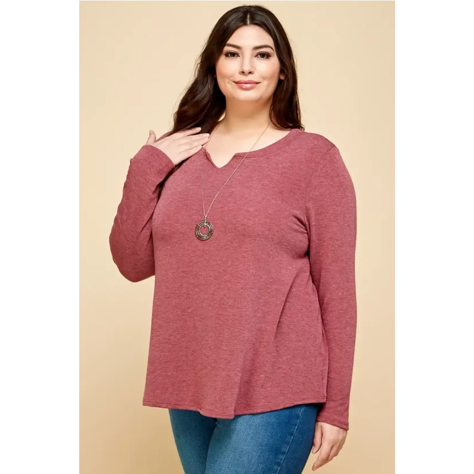 Emerald Collection Burgundy Notch Neck Long Sleeve