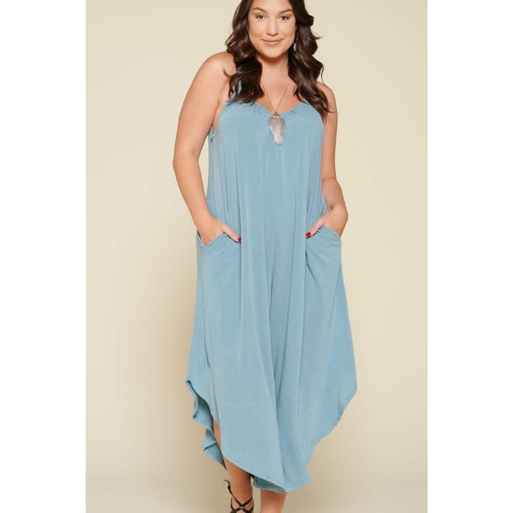 Emerald Collection Antique Blue French Terry Wide Leg Jumpsuit