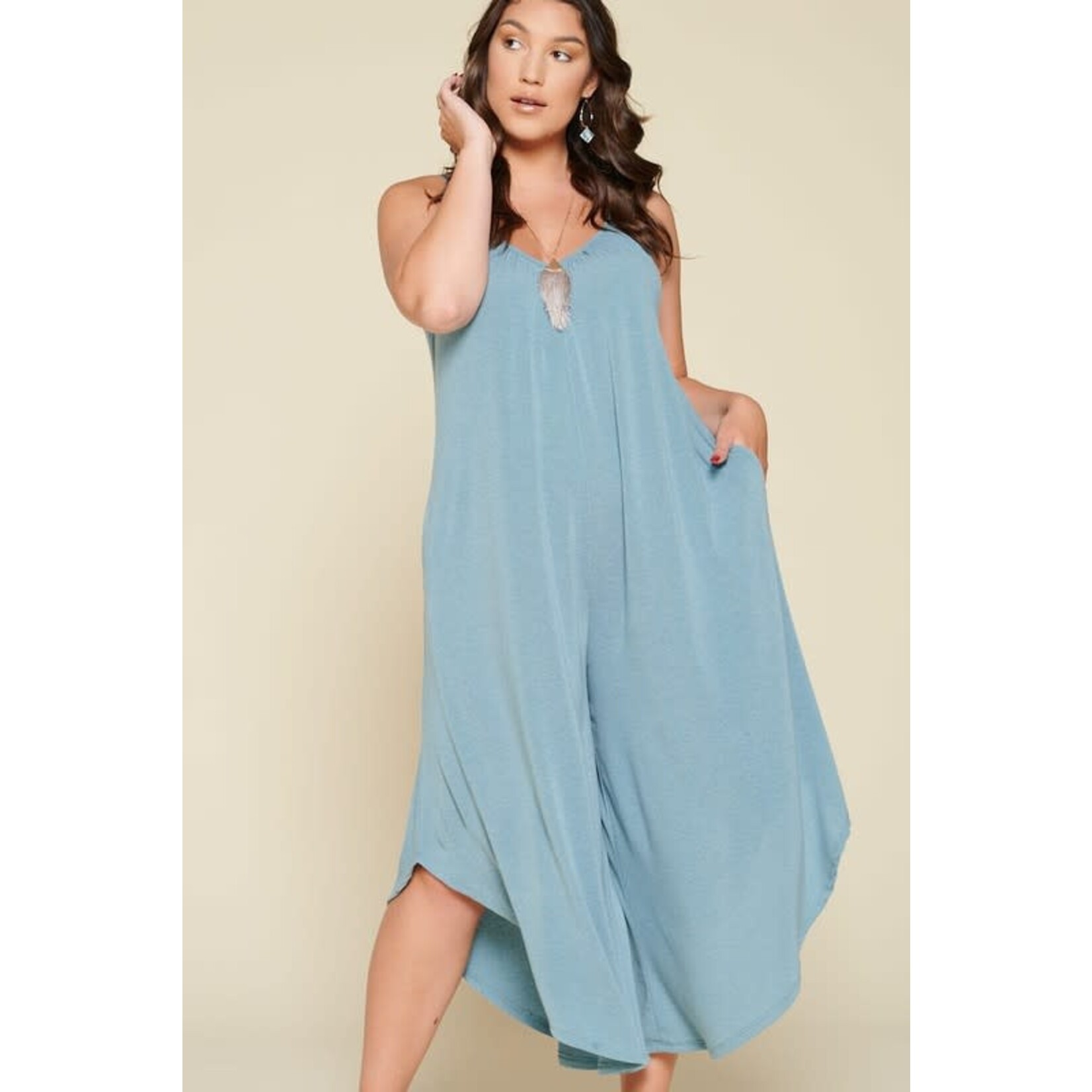 Emerald Collection Antique Blue French Terry Wide Leg Jumpsuit
