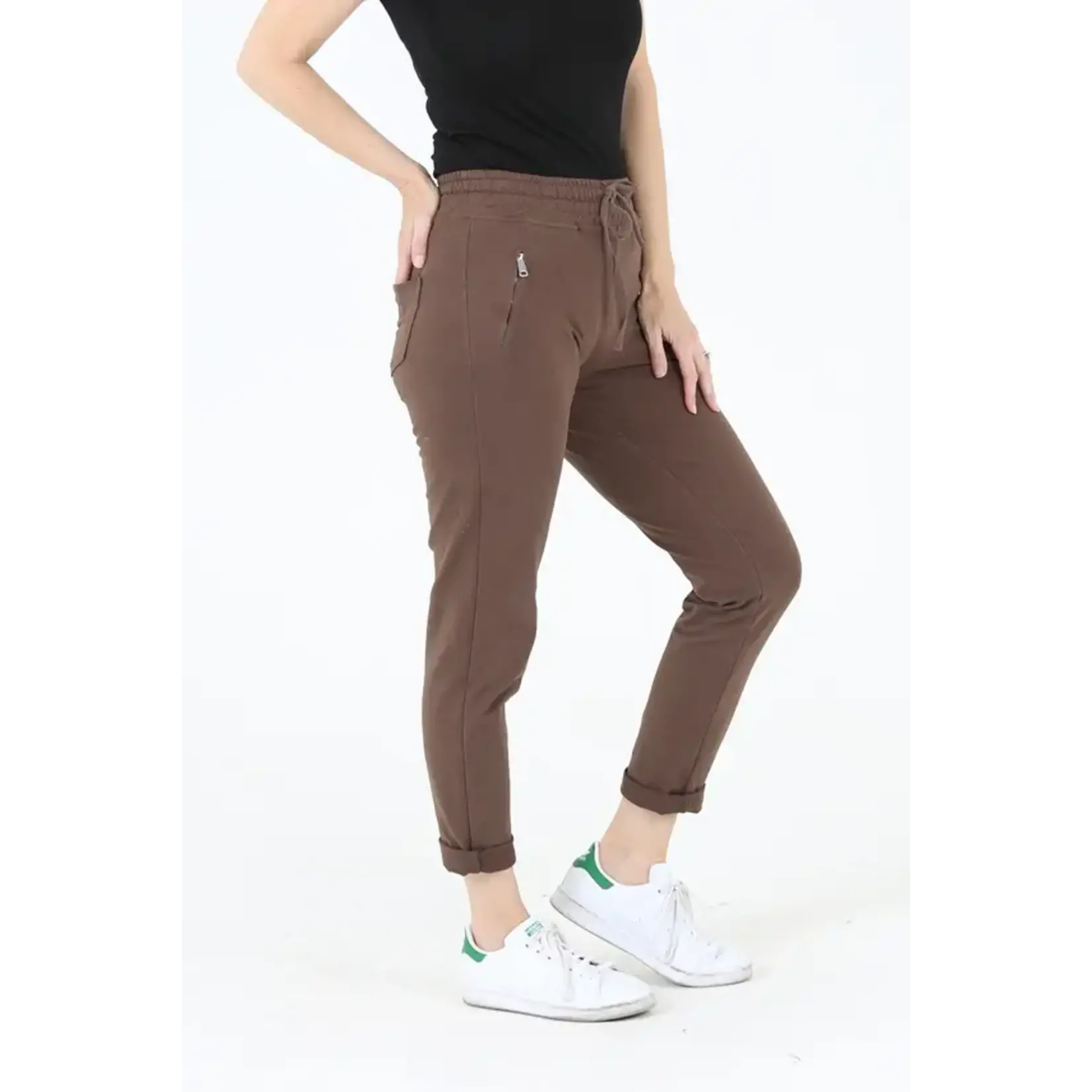 Cocoa Brown Tie Front Zip Pocket Joggers