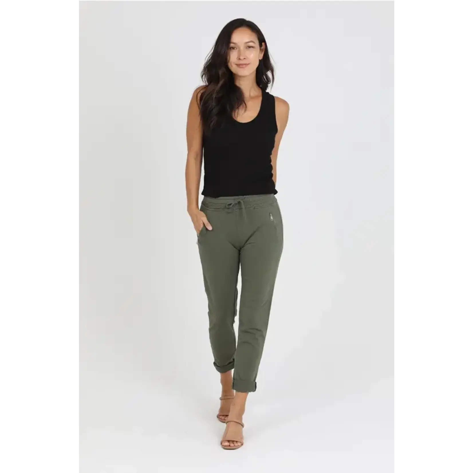 Dark Olive Tie Front Zip Pocket Joggers