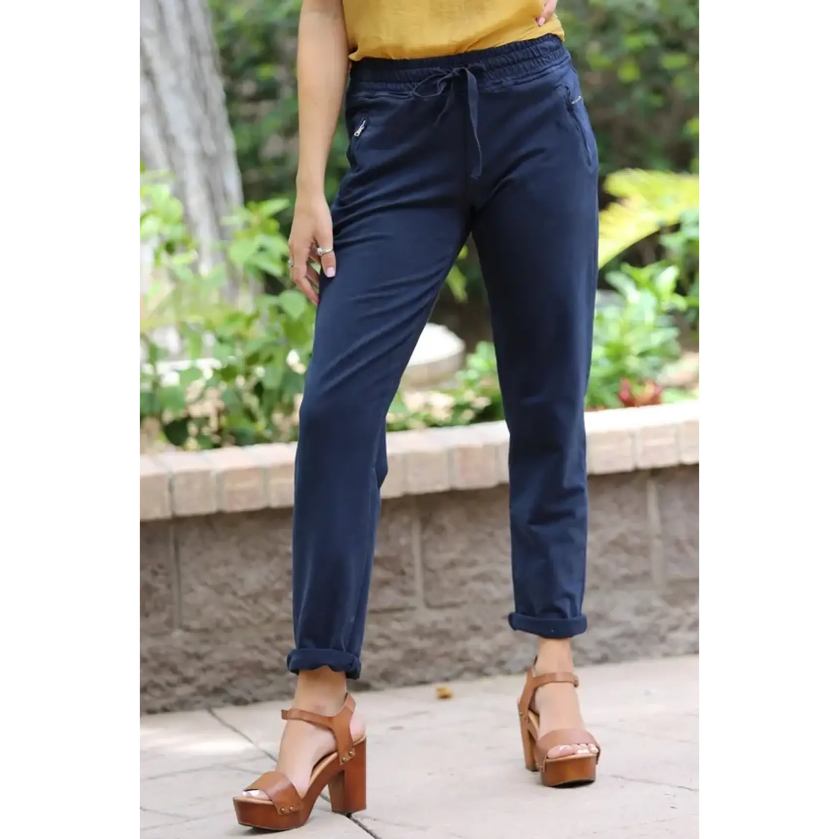Navy Tie Front Zip Pocket Joggers