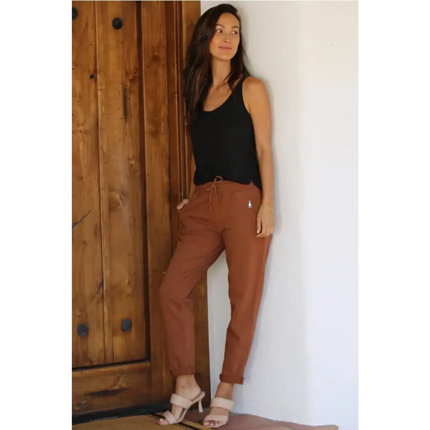 Terra Cotta Tie Front Zip Pocket Joggers