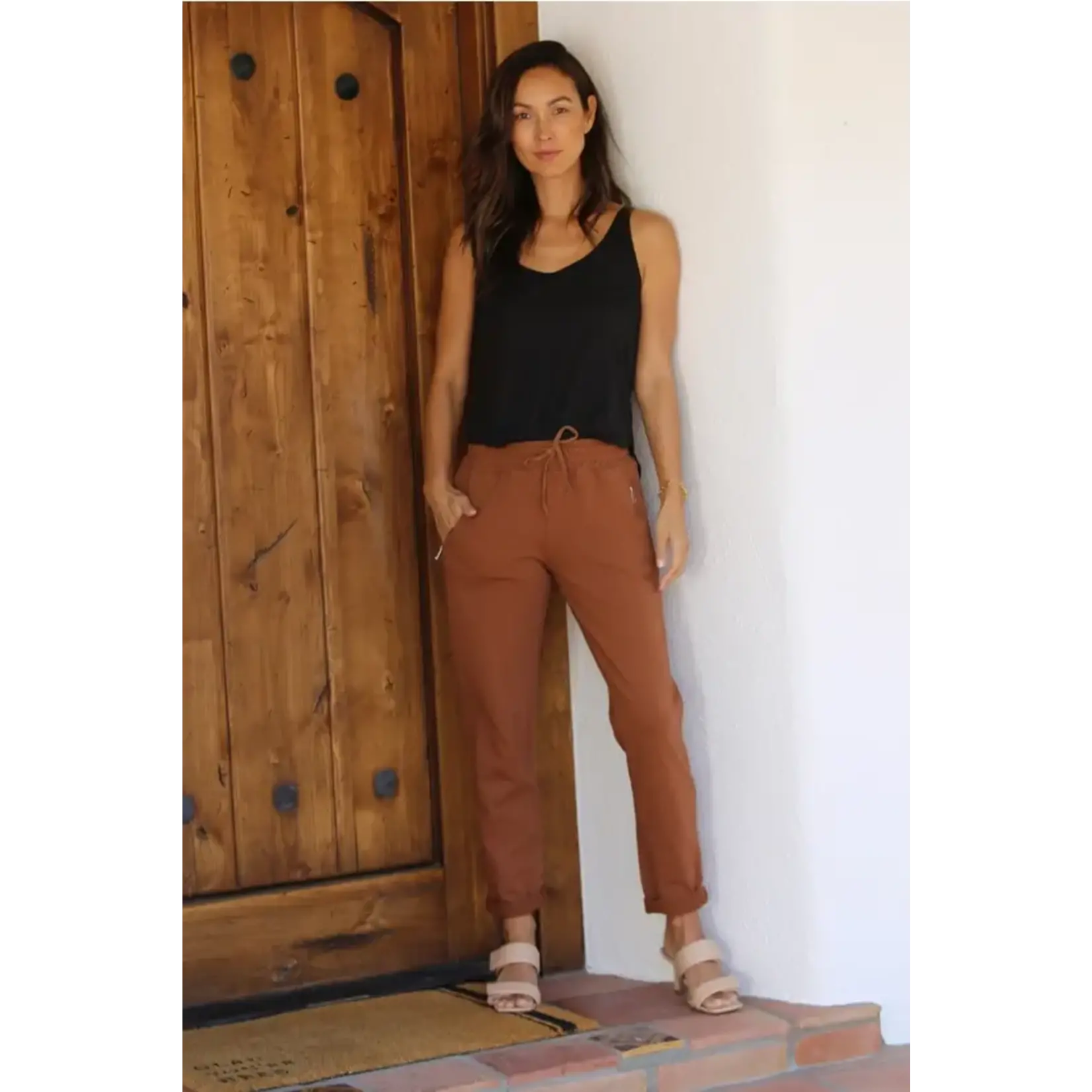Terra Cotta Tie Front Zip Pocket Joggers