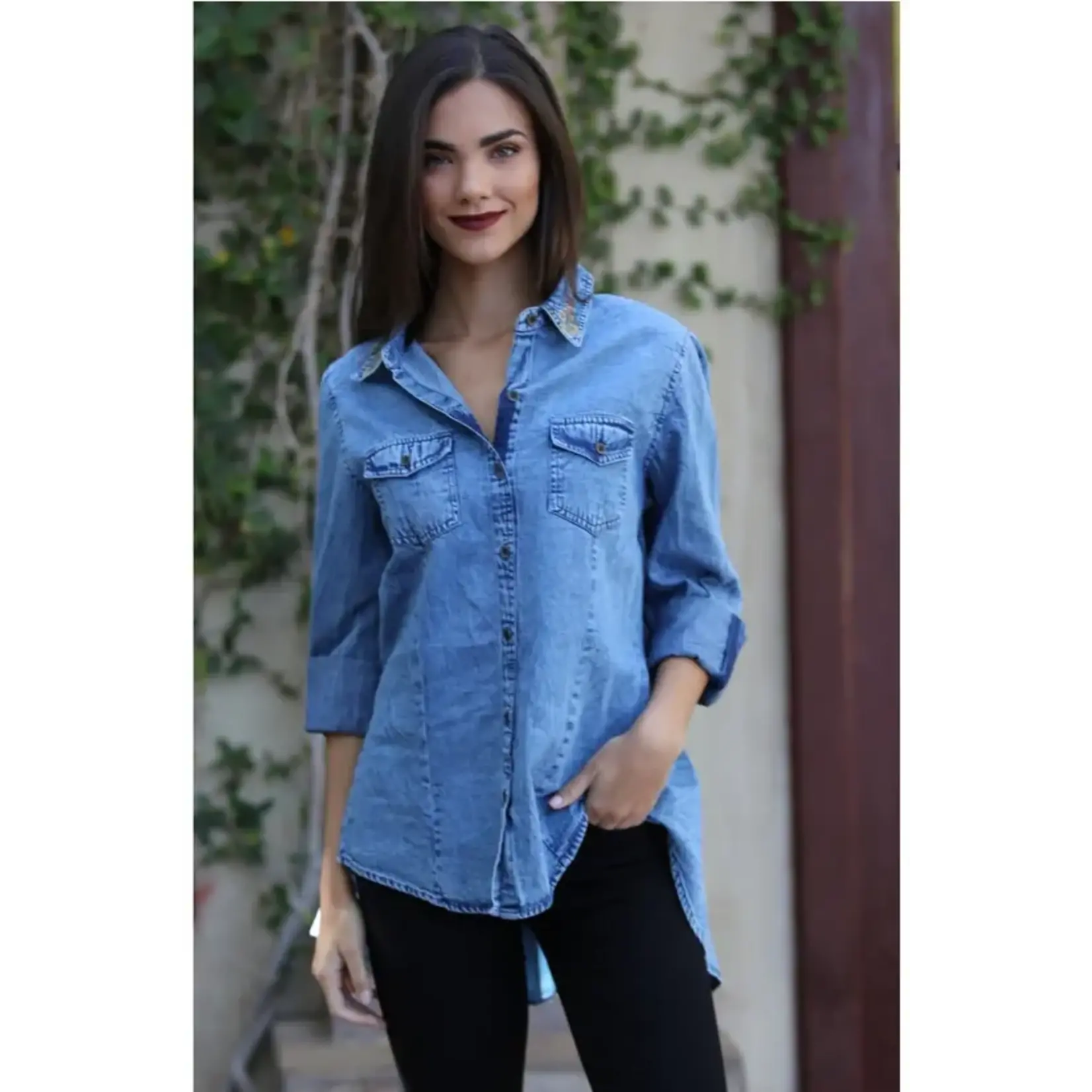 Embroidered Denim Button Up