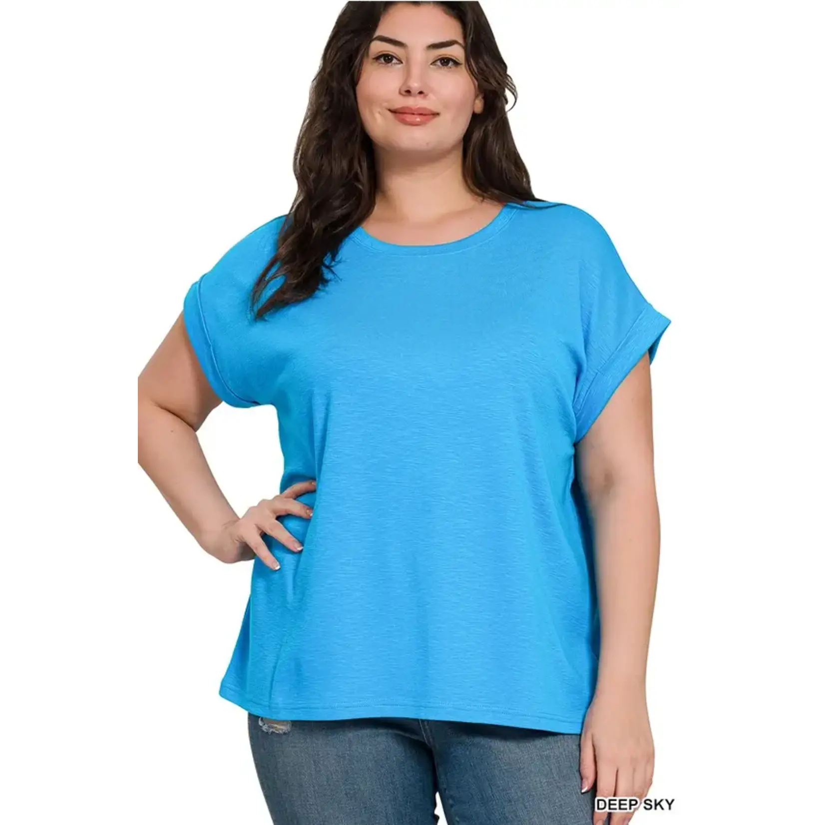 Zenana Deep Sky Cotton Modal Rolled Sleeve Tee
