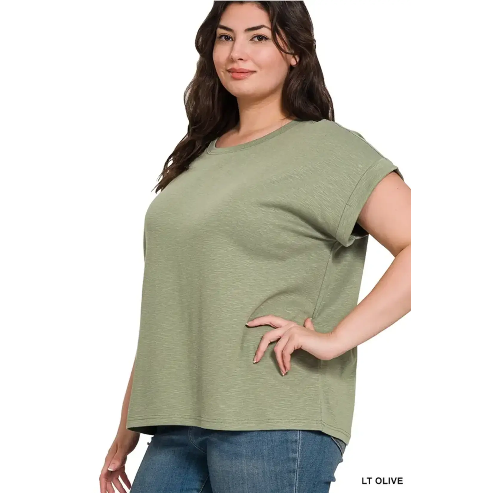Zenana Olive Cotton Modal Rolled Sleeve Tee