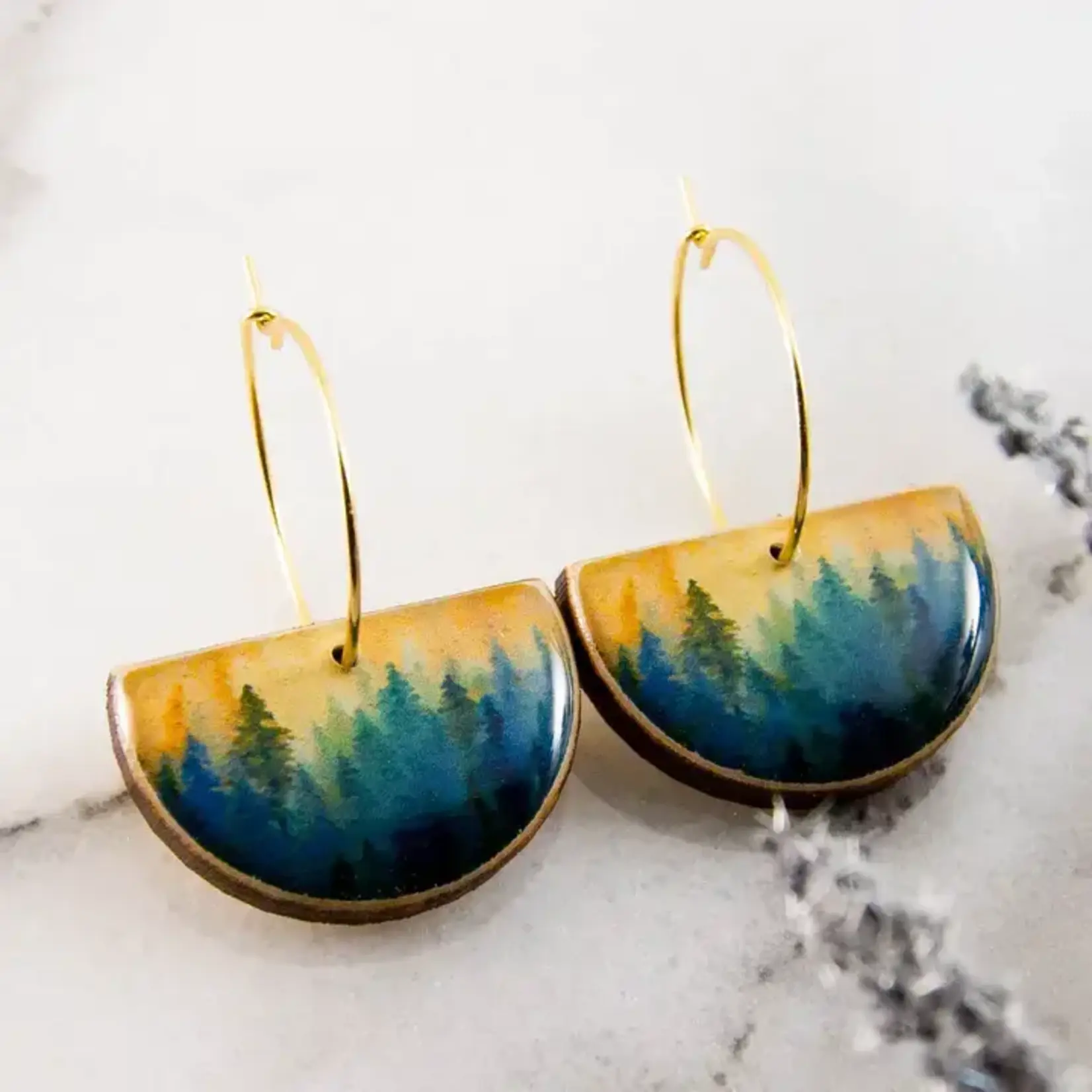 No Man's Land Watercolor Forest Drop Hoop Earrings