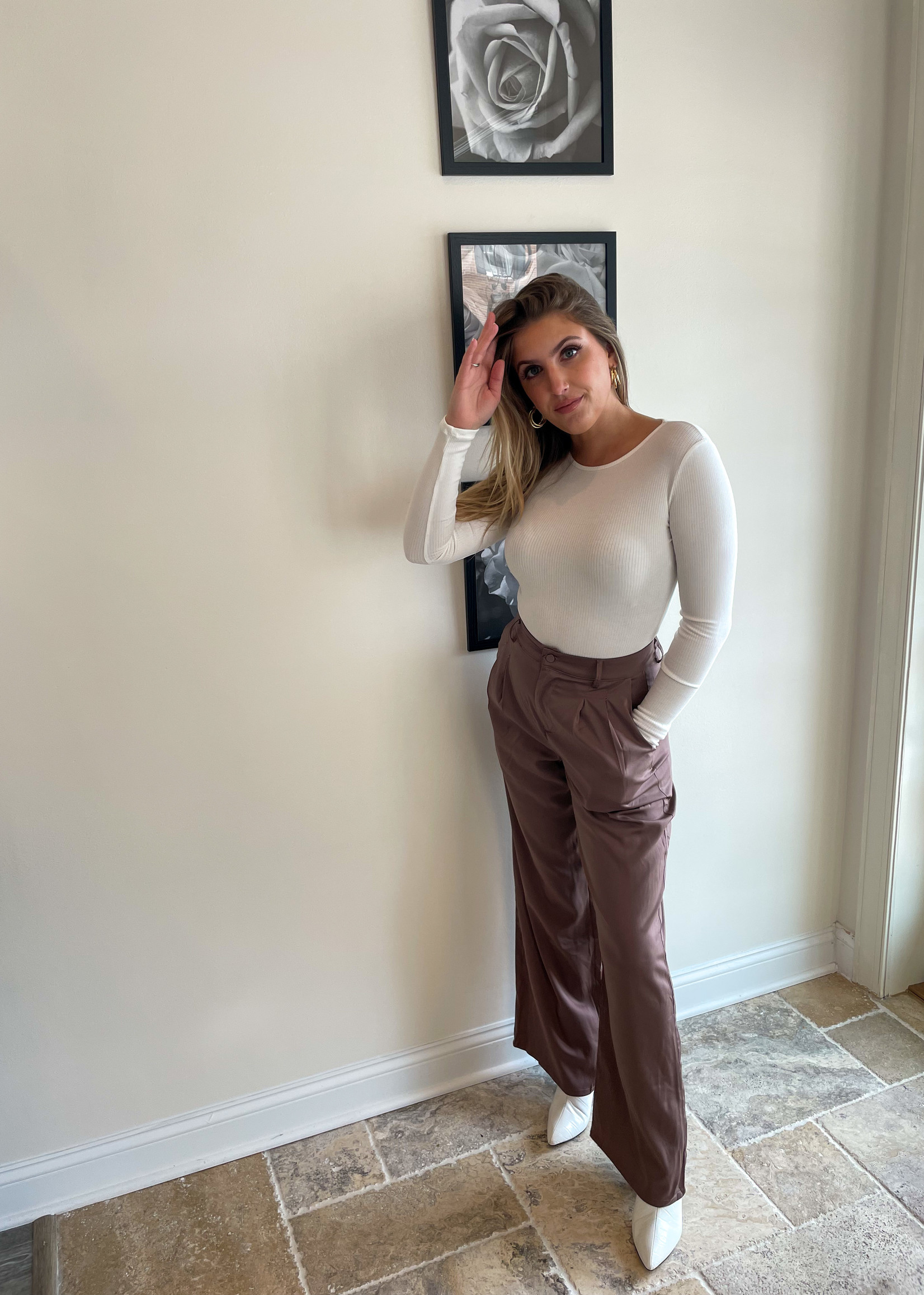 Mocha Pleated Satin Pants