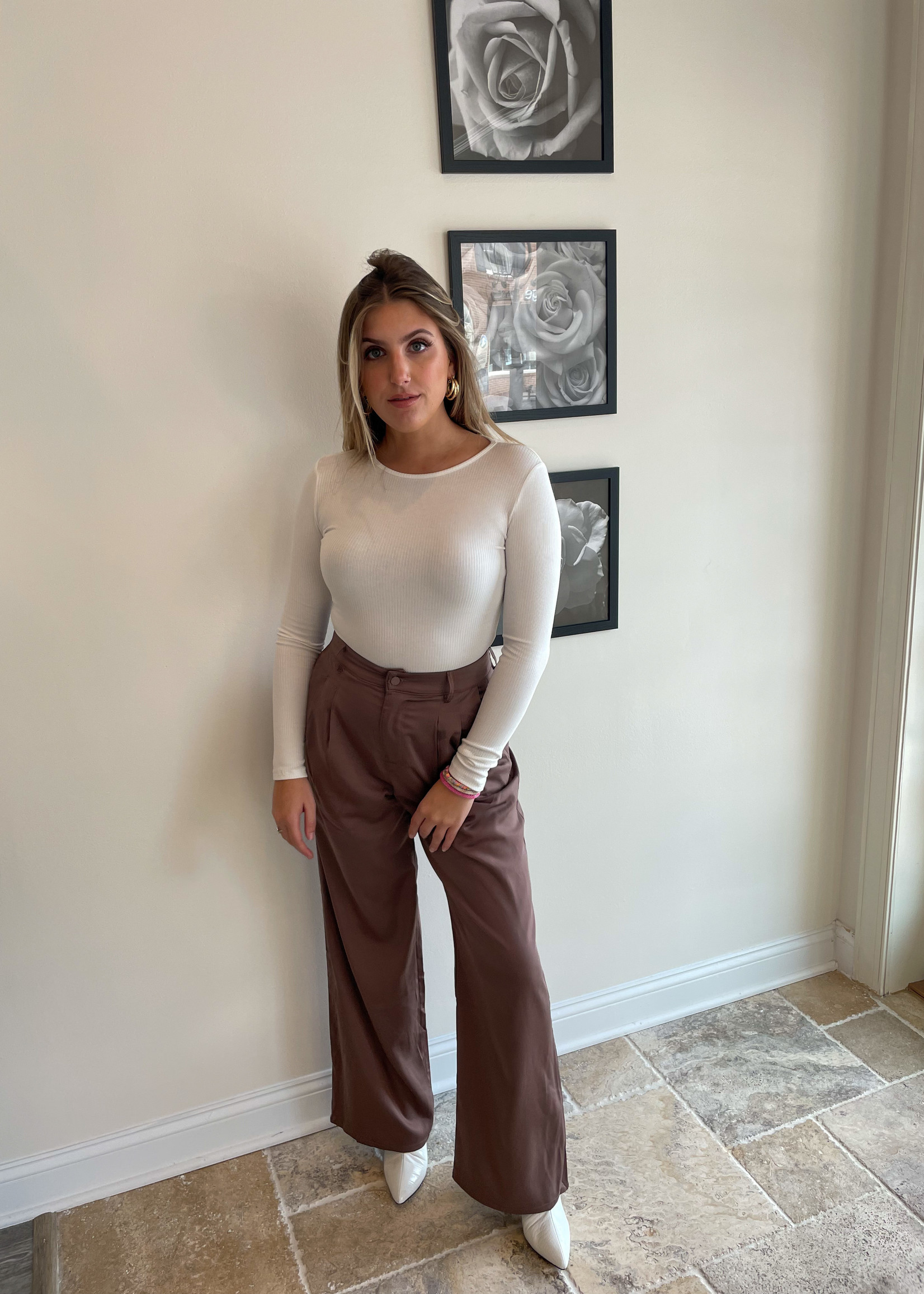 Mocha Pleated Satin Pants