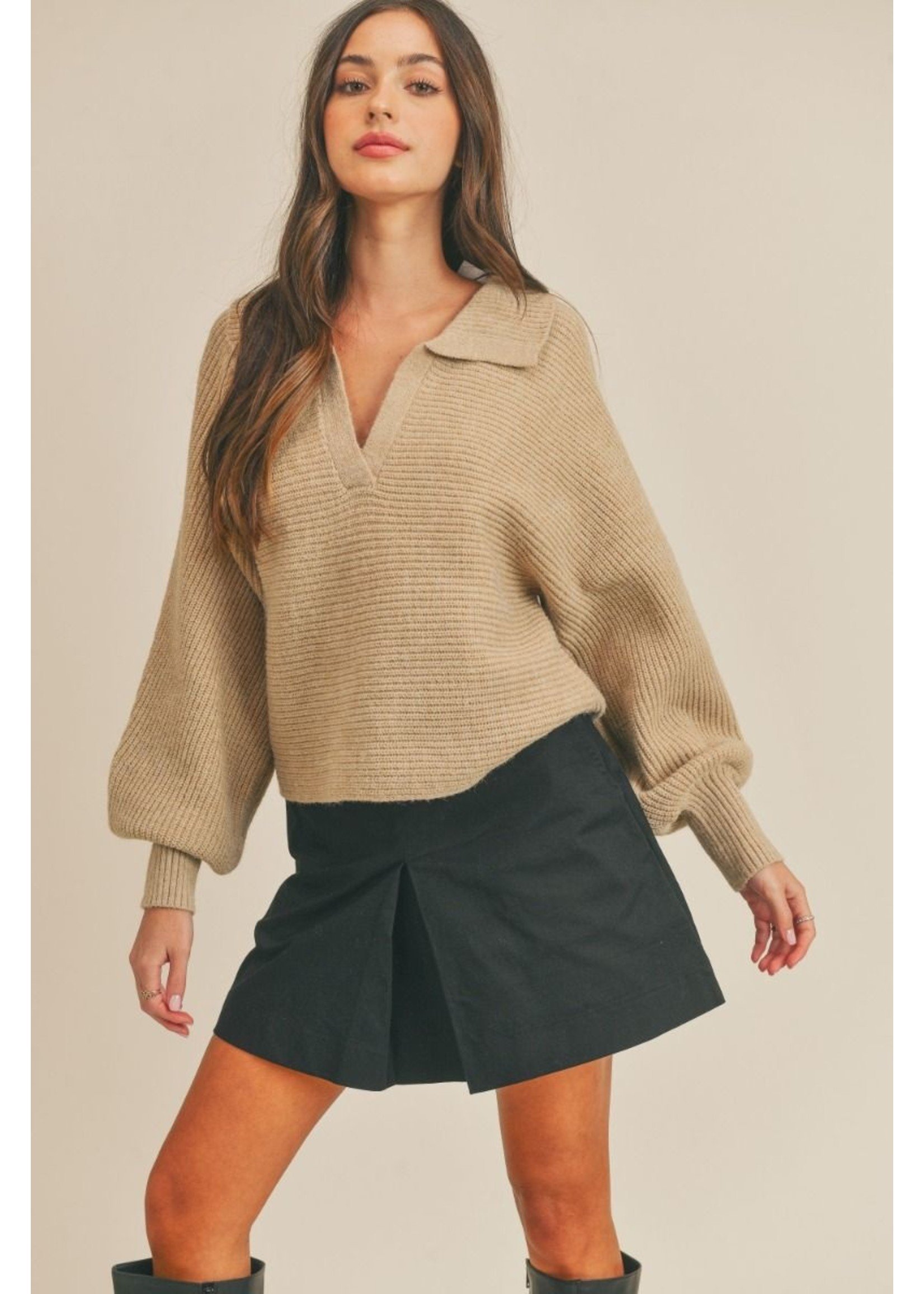 Taupe Long Sleeve Knit Collared Top