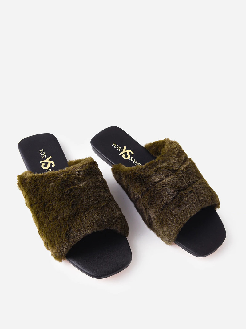 Nora Olive Green Fur Slide